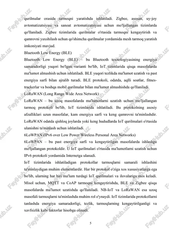 onchli ulanishni ta'minlaydi. qo‘llanilishi: · qishloq xo'jaligi: lorawan qishloq xo'jaligida ekinlarni kuzatish, suvni tejash, xavfsizlikni oshirish kabi sohalarda qo'llaniladi. · aqlli shaharlar: lorawan, masalan, atrof-muhitni kuzatish, isrofgarchilikni kamaytirish va jinoyatchilikni oldini olishda ishlatiladi. · sanoat monitoringi: sanoat korxonalarida uskunalar va mashinalarning holatini masofadan turib kuzatish, ishonchli signal uzatish uchun lorawan qo'llaniladi. 5g (fifth generation) 5g — bu yuqori tezlikdagi ma'lumotlarni uzatish, minimal kechikish va katta tarmoqlarni qo‘llab-quvvatlash uchun yangi mobil texnologiyadir. iot tizimlari uchun 5g yuqori tezlikda, past kechikish bilan va ko'p qurilmalarni bir vaqtning o'zida ulash imkoniyatini taqdim etadi. qo‘llanilishi: · avtomatlashtirilgan transport tizimlari: 5g, aqlli transport tizimlari uchun kerakli yuqori tezlikda va past kechikishda ma'lumot uzatishni ta'minlaydi. · aqlli zavodlar: 5g texnologiyasi sanoat tizimlarida real vaqt monitoringi va o'zaro aloqa uchun ishlatiladi, ya'ni iot qurilmalarining samaradorligini oshiradi. · tibbiyot: 5g, telemeditsina va masofaviy jarrohlik operatsiyalarini amalga oshirish uchun ishlatiladi, chunki u minimal kechikish bilan yuqori sifatli ma'lumot uzatishni …