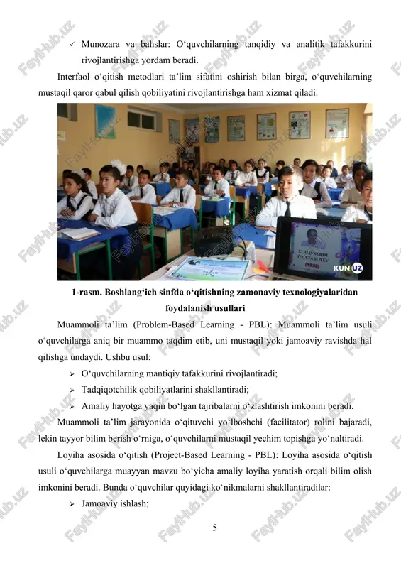 uyidagi ko‘nikmalarni shakllantiradilar: · jamoaviy ishlash; · tadqiqotchilik va tahlil qilish; · nazariy bilimlarni amaliyot bilan bog‘lash. misol uchun, maktab o‘quvchilari ekologiya bo‘yicha loyiha yaratish orqali atrof-muhitni muhofaza qilish bo‘yicha bilimlarini mustahkamlashlari mumkin. 2-rasm. «boshlang‘ich sinf darslarini 4k modeli asosida tashkil etish» mavzusida o‘quv seminari tashkil etildi steam yondashuvi: steam (science, technology, engineering, arts, mathematics) modeli an’anaviy fanlarni innovatsion yo‘nalishda o‘qitishni o‘z ichiga oladi. bu metod yordamida: · o‘quvchilar mantiqiy fikrlash va muammolarni yechish ko‘nikmalarini rivojlantiradilar; · ilm-fan, muhandislik va san’at sohalarini uyg‘unlashtirish orqali ijodiy fikrlash shakllanadi; · texnologiyalar yordamida real muammolarni hal qilish usullari o‘rganiladi. steam yondashuvi ayniqsa, axborot texnologiyalari va muhandislik sohalariga tayyorlanayotgan talabalar uchun foydalidir. raqamli va masofaviy ta’lim texnologiyalari: raqamli texnologiyalar ta’lim jarayoniga chuqur kirib kelgan bo‘lib, ular quyidagilarga asoslanadi: · onlayn darslar va vebinarlar – o‘quvchilarga istalgan joydan ta’lim olish imkonini yaratadi. · elektron o‘quv materiallari va test tizimlari – bilimlarni sinash va mustahkamlash imkonini …
