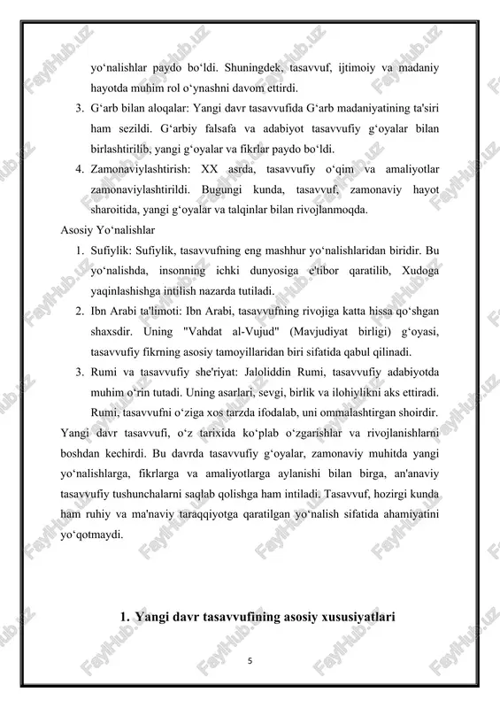 rish imkoniyatlari bilan ajralib turadi. bu tasavvufiy ta'limotlar va amaliyotlarning yangilanib, insoniyatning ruhiy va ma’naviy ehtiyojlariga mos kelishini ta'minlaydi. yangi davr tasavvufi, insoniyatning ichki dunyosini o‘rganishga va ruhiy taraqqiyotga intilishga yordam berishga qaratilgan o‘ziga xos bir tizimdir. 2. yangi davr sharq tasavvufining asosiy vakillari yangi davr sharq tasavvufi, ko‘plab buyuk shaxslar va ularning ta'limotlari orqali rivojlanib kelgan. quyida, ushbu davrda tasavvufiy fikrni shakllantirgan va kengaytirgan asosiy vakillar keltirilgan: 1. jaloliddin rumi (1207-1273) · asarlari: "masnaviy", "diwan-e shams-e tabrizi" · ta'limoti: rumi, sevgi va birlik g‘oyalarini muhim ahamiyatga ega deb hisoblagan. uning asarlari, insonning ruhiy taraqqiyoti va xudoga yaqinlashish yo‘lida sevgi va ahamiyatga qaratilgan. rumi, sufi an'analarini o‘zining she'riyati va hikoyalari orqali ommalashtirdi. 2. ibn arabi (1165-1240) · asarlari: "fusus al-hikam", "al-futuhat al-makkiyya" · ta'limoti: ibn arabi, "vahdat al-vujud" (mavjudiyat birligi) g‘oyasini ilgari surdi. u, mavjudlikni bir butun sifatida qabul qilgan holda, ilohiy mohiyatni har bir narsada ko‘rishga chaqirdi. uning tasavvufiy …