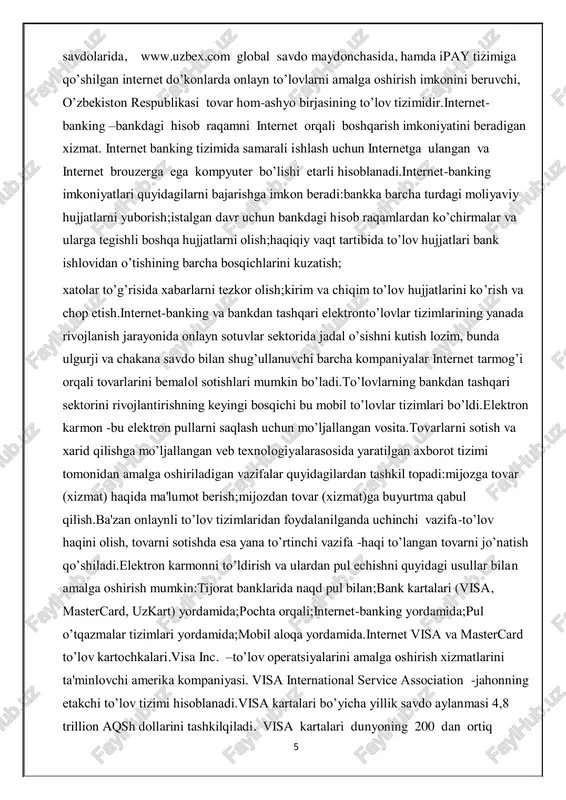 ank kartalari (visa, mastercard, uzkart) yordamida;pochta orqali;internet-banking yordamida;pul o’tqazmalar tizimlari yordamida;mobil aloqa yordamida.internet visa va mastercard to’lov kartochkalari.visa inc. –to’lov operatsiyalarini amalga oshirish xizmatlarini ta'minlovchi amerika kompaniyasi. visa international service association -jahonning etakchi to’lov tizimi hisoblanadi.visa kartalari bo’yicha yillik savdo aylanmasi 4,8 trillion aqsh dollarini tashkilqiladi. visa kartalari dunyoning 200 dan ortiq 6 mamlakatlarida qabul kilinadi. dunyoda to’lov kartalarining 57% visa kartalari tashkil qiladi, asosiy raqobatchilari mastercard 26% va american express 13% tashkil qiladi.mastercard worldwide –dunyoning 210 mamlakatlaridagi 22 ming moliyaviy tashkilotlarni birlashtirgan xalqaro to’lov tizimi hisoblanadi. bosh ofisi aqshning nyu-york shaxrida joylashgan. hozirgi kunda internet to’lov tizimlari to’liqligicha yuqorida keltirilgan visa va mastercard bilan ishlash imkoniyatiga ega, ya'ni internet to’lov tizimlaridagi xamyonlarni to’ldirish yoki xamyonlardagi ishlatilmay qolgan mablag’larni qayta kartochkaga chiqarish mumkin.uzex internet birja –bu shaxsiy kompyuter orqali uzex savdo maydonchalarida savdo qilish imkoniyatini beruvchi global milliy savdo maydonchasi. ushbu savdo tizimi, ipay tizimi foydalanuvchilariga, maksimal qulayliklar bilan osongina …