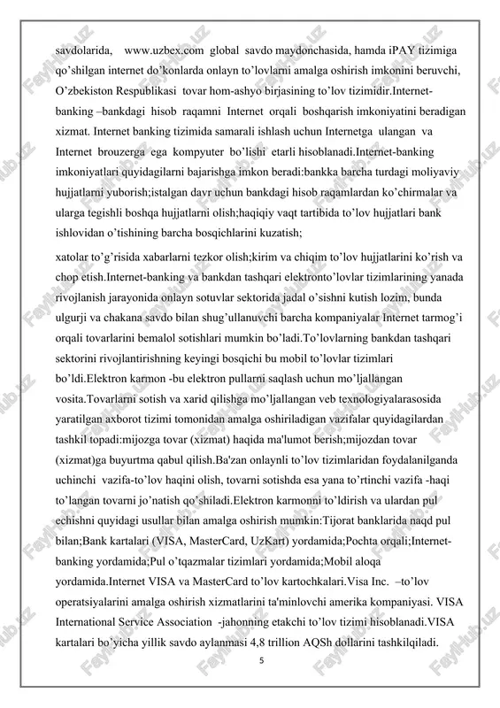 (visa, mastercard, uzkart) yordamida;pochta orqali;internet-banking yordamida;pul o’tqazmalar tizimlari yordamida;mobil aloqa yordamida.internet visa va mastercard to’lov kartochkalari.visa inc. –to’lov operatsiyalarini amalga oshirish xizmatlarini ta'minlovchi amerika kompaniyasi. visa international service association -jahonning etakchi to’lov tizimi hisoblanadi.visa kartalari bo’yicha yillik savdo aylanmasi 4,8 trillion aqsh dollarini tashkilqiladi. visa kartalari dunyoning 200 dan ortiq mamlakatlarida qabul kilinadi. dunyoda to’lov kartalarining 57% visa kartalari tashkil qiladi, asosiy raqobatchilari mastercard 26% va american express 13% tashkil qiladi.mastercard worldwide –dunyoning 210 mamlakatlaridagi 22 ming moliyaviy tashkilotlarni birlashtirgan xalqaro to’lov tizimi hisoblanadi. bosh ofisi aqshning nyu-york shaxrida joylashgan. hozirgi kunda internet to’lov tizimlari to’liqligicha yuqorida keltirilgan visa va mastercard bilan ishlash imkoniyatiga ega, ya'ni internet to’lov tizimlaridagi xamyonlarni to’ldirish yoki xamyonlardagi ishlatilmay qolgan mablag’larni qayta kartochkaga chiqarish mumkin.uzex internet birja –bu shaxsiy kompyuter orqali uzex savdo maydonchalarida savdo qilish imkoniyatini beruvchi global milliy savdo maydonchasi. ushbu savdo tizimi, ipay tizimi foydalanuvchilariga, maksimal qulayliklar bilan osongina o’z tovarlarini sotish …