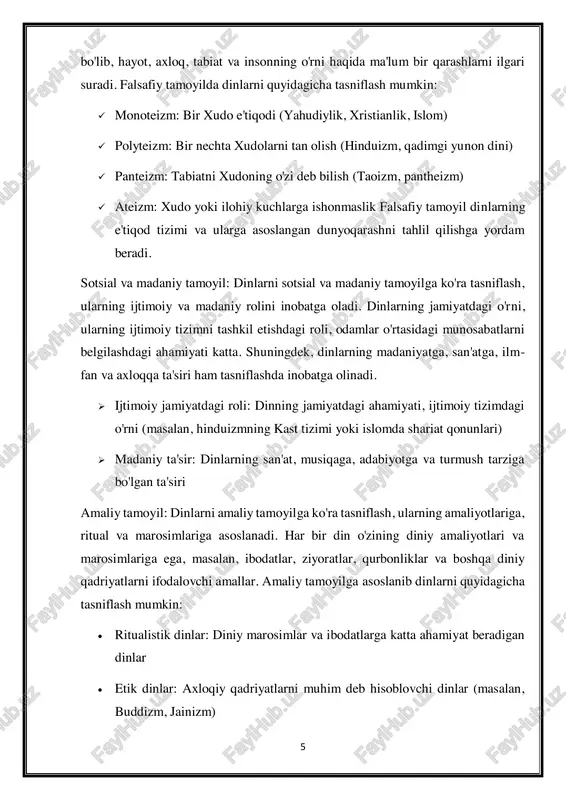 aladigan muqaddas kitobga asoslanadi. yahudiylarning diniy qonunlari va odatlari tora kitobida bayon etilgan. yahudiylikda xudoning xohishi, axloqiy me'yorlar va adolat muhim o'rin tutadi.  xristianlik xristianlik – yahudiylikdan kelib chiqqan bo'lib, iso masihni xudoning o'g'li sifatida tan olishga asoslanadi. xristianlikda muqaddas kitob (isoning hayoti va o'limi haqidagi yozuvlar) asosiy manbadir. xristianlikda xudoning sevgisi, kechirimlilik va odamlar o'rtasidagi tinchlikni saqlashga katta ahamiyat beriladi.  islom islom – muhammadni oxirgi peyg'ambar sifatida tan oladigan va qur'onni muqaddas kitob sifatida qabul qiladigan din. islomning asosiy prinsiplari – xudo (alloh)ga ishonish, muhammadni payg'ambar sifatida qabul qilish, va diniy amallarni bajarishdir (namoz, ro'za, zakot, haj). islomda dinning hayotga ta'siri katta bo'lib, ijtimoiy, siyosiy va ma'naviy qadriyatlar birlashtiriladi. 8 hindiston dinlari: hindiston diniy tizimlari ko'plab polyteistik va ruhanaviy qarashlarga asoslanadi. bu dinlar bir nechta ilohiy shaxslarni va ruhiy maqsadlarni e'tirof etadi. hindiston dinlarining asosiy toifalari quyidagilardan iborat:  hinduizm hinduizm – dunyodagi eng qadimiy dinlardan biri …