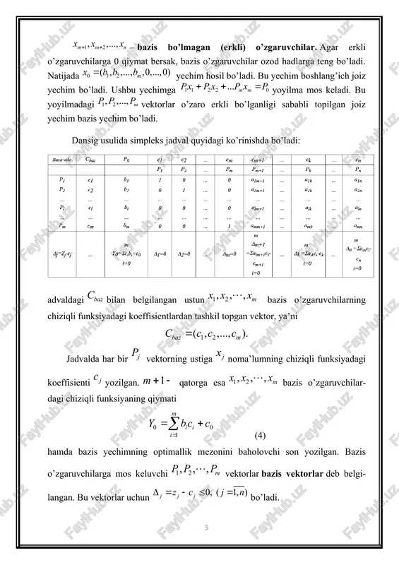 rtlarini qanoatlantirmaydigan holatlarda ham chiziqli dasturlash modelini ishlatish imkonini yaratadi. 2. katta o‘lchamli va murakkab masalalar uchun samaradorlikni taʼminlaydi. 3. algoritmning moslashuvchanligi tufayli turli sohalarda – iqtisodiyot, logistika, ishlab chiqarish va boshqa ko‘plab tarmoqlarda amaliy qo‘llash imkonini beradi. biroq, ushbu usulni qo‘llashda baʼzi muhim jihatlarni hisobga olish kerak. sunʼiy bazis kiritilishi masalani biroz murakkablashtirishi va hisoblash vaqtini oshirishi mumkin. shu sababli, usulni ishlatishda optimal yechimga erishish uchun texnik jihatlar va algoritm parametrlarini to‘g‘ri tanlash muhimdir. umuman olganda, sunʼiy bazis usuli chiziqli dasturlash masalalarida boshlang‘ich bazisni yaratishning ishonchli vositasi bo‘lib, u ilmiy va amaliy sohalarda keng qo‘llanilmoqda. ushbu usulni chuqur o‘rganish va samarali qo‘llash orqali murakkab masalalarning optimal yechimlarini topish imkoniyati kengayadi. kelgusida ushbu usulning yanada rivojlantirilishi va yangi algoritmik yondashuvlar bilan boyitilishi uning qo‘llash doirasini yanada kengaytirishi kutiladi. foydalanilgan adabiyotlar: 1. tomas kormen, charlz leyzerson, ronald rivest, klifford shtayn. algoritmi: postroenie i analiz. moskva-sankt-peterburg-kiev. izd. dom «vilyams», 2003. 1293 str. …