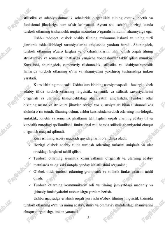ing jamiyatdagi madaniy va ijtimoiy funksiyalarini tushunishga yordam berish. ushbu maqsadga erishish orqali kurs ishi o‘zbek tilining lingvistik tizimida turdosh otlarning o‘rni va uning adabiy, ilmiy va ommaviy matnlardagi ahamiyatini chuqur o‘rganishga imkon yaratadi. 6 kurs ishining vazifalari:  hozirgi o‘zbek adabiy tilida turdosh otlarning turlarini aniqlash va tasniflash.  turdosh otlarning semantik, fonetik, morfologik va sintaktik xususiyatlarini o‘rganish.  o‘zbek adabiy tilida turdosh otlarning adabiy matnlarda qanday qo‘llanishini tahlil qilish.  turdosh otlarning stilistik rolini aniqlash va ularning poetik, ilmiy, ommaviy va publitsistik matnlarda qo‘llanilish xususiyatlarini o‘rganish.  turdosh otlarning kommunikativ funktsiyalarini tahlil qilish va ularning til orqali ma'lumot uzatishdagi o‘rni va ahamiyatini belgilash.  o‘zbek tilidagi turdosh otlarning zamonaviy qo‘llanilishdagi xususiyatlarini aniqlash va tahlil qilish.  turdosh otlarning leksik va grammatik aloqalarini o‘rganish, ularning leksik maydonini tahlil qilish. kurs ishining obyekti: kurs ishining obyekti – hozirgi o‘zbek adabiy tilidagi turdosh otlar va ularning lingvistik, semantik va stilistik xususiyatlari. …