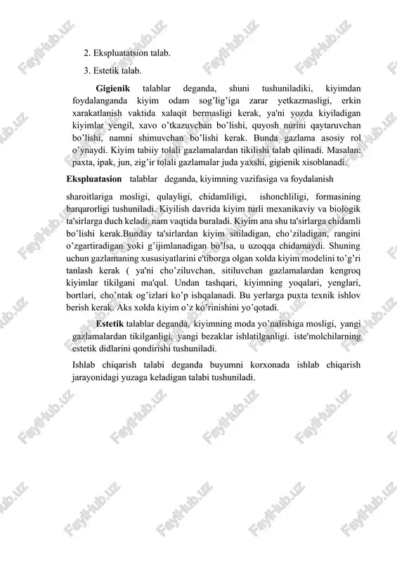 n. jamiyat taraqqiyotining hozirgi bosqichida kiyim deb, o’simlik, hayvonot va sun’iy materiallardan tayyorlanadigan va odamni atrof-muhitning nomaqbul ta’sirlaridan asraydigan, organizmning normal sog’lom holatini saqlaydigan va bezak vazifasini o’taydigan har xil narsalar aytiladi. kiyim insoniyat moddiy madaniyatining elementlaridan biri hisoblanadi. kiyimni konstruktsiyalash-bu murakkab jarayon. bu tikuvchilik buyumlarini loyihalash umumiy jarayonning tarkibiy qismi bo’lib, bu ishda model’er-rassomlar, konstruktsiyalar, materialshunoslar, texnologlar singari ko’plab mutaxassislar mehnat qiladi. kiyimning asosiy vazifasi: kiyim - odam tanasini tashqi ta'sirlardan muhofaza qiluvchi va bir qancha funksiyalarni bajaruvchi buyum va buyumlar majmui. zamonaviy kostyumning funksiyalari utilitar funksiya himoyaviy va fiziologik-gigienik funksiyalarga ajratiladi. har bir funksiya keyingi pog’onada yana keyinroq aniqlanadi. misol uchun, himoyaviy funksiya tashqi muqit va ob-qavo ta'sirlaridan qimoyani, ishlab chiqarishning ta'sirlaridan himoyani va mexanik ta'sirlaridan himoyani o`z ichiga qamrab oladi.[footnoteref:1] [1: m.k.rasulova,b.g.isroilova,m.a.asadullayeva,’’kiyim ishlab chiqarish texnologiyasi.toshkent 2014 yil 156-162 bet] fiziologik-gigienik funksiyakiyimni tinchlik va qarakat qolatida qulayligini bildiradi qamda kiyim ostidagi mikroiqlim sharoitining qulayligini aniqlaydi. axborot funksiyalar kishi …