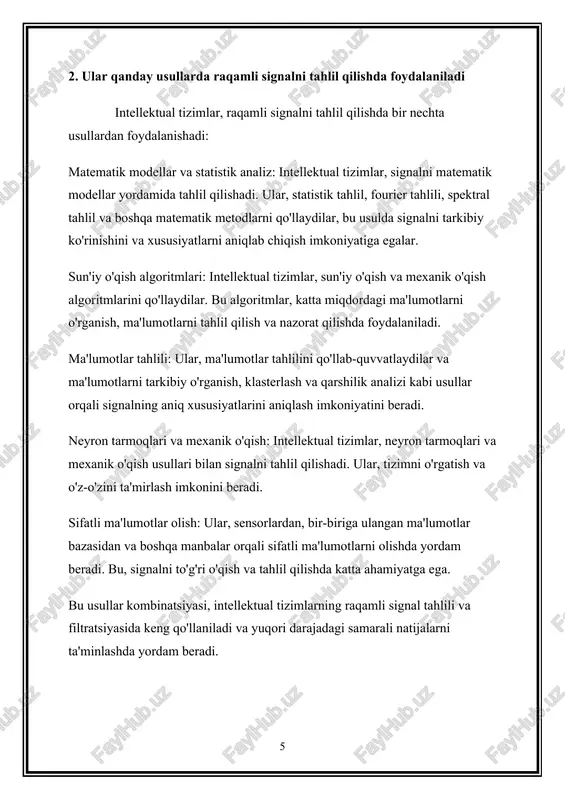 lgoritmlardan foydalanish orqali avtomatik ravishda o'zlarini yangilash imkonini beradi. bu, yangi va o'zgaruvchan holatlarga moslashtirish uchun katta ahamiyatga ega. yuzasiflik: intellektual tizimlar, bir nechta signal filtratsiya vazifalarini bajarishda yuzasif xususiyatlarni qo'llaydilar. bu, keng spektrli signalni, shovqinli va noizli signalni, shuningdek, muhim tarkibiy qismlarni aniqlashda yordam beradi. yuqori aniqlik va samarali natijalar: intellektual tizimlar, raqamli signalni filtrlashda yuqori aniqlik darajasiga ega bo'lishi va samarali natijalar olish imkonini ta'minlaydi. bu, filtratsiya jarayonlarida ko'p miqdordagi ma'lumotlarni samarali ravishda ishlash va natijalarni taklif etishda muhimdir. intellektual tizimlar, raqamli signal filtratsiyasida yuqori darajadagi samarali natijalarni ta'minlash, adaptivlik, aniqlik va yuzasiflik kabi optimal xususiyatlarni qo'llab-quvvatlash orqali filtratsiya jarayonlarida keng qo'llaniladi. 5. ular qanday usullarda yuqori darajada aniqlik va samarali natijalarni ta'minlash uchun ishlatiladi intellektual tizimlar, yuqori darajada aniqlik va samarali natijalarni ta'minlash uchun quyidagi usullardan foydalanadi: adaptivlik va o'z-o'zini yangilash: tizimlar, adaptivlik xususiyatlaridan foydalanib, o'z-o'zini yangilaydi. yangilanuvchi algoritmlar va modellar, o'zgaruvchan muhitlarda yuqori darajadagi aniqlik va …