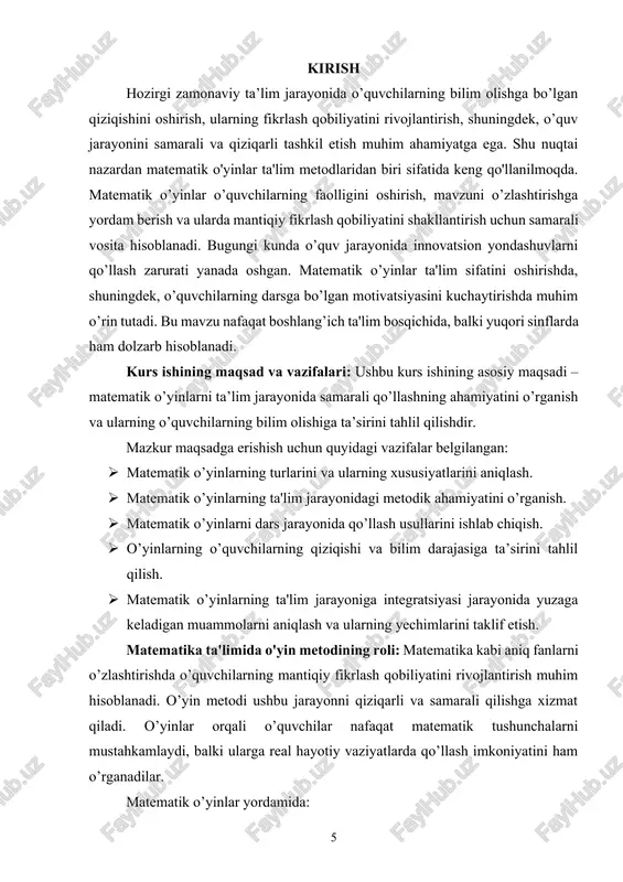 adi: matematik o'yinlarning ta'lim jarayonida samarali qo'llanilishini o'rganish va o'yin metodi yordamida o'quvchilarning matematik bilimlarini rivojlantirish bo'yicha tavsiyalar ishlab chiqish. i bob. matematik oʻyin -taʼlim metodi sifatida 1.1. matematik o'yinlarning ta'rifi matematik o'yinlar – bu o'quvchilarni matematik bilimlar va ko'nikmalar bilan tanishtirish va mustahkamlash uchun mo'ljallangan o'yin shaklidagi ta'lim metodidir. ushbu o'yinlar nafaqat qiziqarli, balki mantiqiy fikrlash, masalalarni hal qilish, qaror qabul qilish va ijodkorlik kabi qobiliyatlarni rivojlantirishga xizmat qiladi. matematik o'yinlar quyidagi jihatlari bilan ajralib turadi: · qiziqarlilik: ushbu o'yinlar orqali murakkab matematik tushunchalar sodda va oson tushunarli shaklda o'quvchilarga yetkaziladi. · raqobat muhiti yaratadi: matematik o'yinlar o'quvchilar orasida sog'lom raqobatni shakllantiradi, bu esa ularni faol ishtirok etishga undaydi. · tarbiyaviy ahamiyatga ega: o'yin davomida o'quvchilar diqqatni jamlash, sabr-toqat, qat'iyatlilik kabi ijobiy fazilatlarni rivojlantiradilar. · o'zlashtirishni osonlashtiradi: o'yinlar orqali matematik bilimlar tabiiy va qiziqarli tarzda o'zlashtiriladi. matematik o'yinlarning ta'rifi ikki asosiy qismga bo'linadi: · didaktik o'yinlar: o'quvchilarning mavzularni o'rganishi …