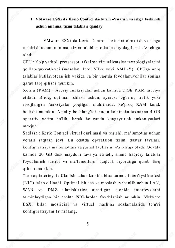sh uchun oʻrnatilgan kerio control versiyasi tanlangan vmware esxi versiyasiga mos kelishini tekshirish muhim. boshqa mulohazalar : tarmoq o'tkazish qobiliyati, trafik hajmi va o'ziga xos xususiyat talablari kabi qo'shimcha omillar tizim talablariga ta'sir qilishi mumkin. joylashtirish stsenariyingizga moslashtirilgan har qanday maxsus tavsiyalar yoki ko'rsatmalar uchun kerio tomonidan taqdim etilgan rasmiy hujjatlarni ko'rib chiqish tavsiya etiladi. ushbu minimal tizim talablariga rioya qilish orqali ma'murlar kerio controlning vmware esxi muhitida barqaror va samarali o'rnatilishini ta'minlashi mumkin, bu esa tashkilot aktivlarini himoya qilish uchun mustahkam tarmoq xavfsizligi va boshqaruv imkoniyatlarini ta'minlaydi. 3. vmware esxi-da kerio control-ni o'rnatish va sozlashda qanday umumiy qiyinchiliklar yoki tuzoqlarga duch kelish mumkin va ularni qanday hal qilish mumkin vmware esxi-da kerio control-ni o'rnatish va sozlashda bir nechta umumiy qiyinchiliklar yoki tuzoqlar paydo bo'lishi mumkin. mana ulardan ba'zilari va potentsial echimlar: tarmoq konfiguratsiyasi muammolari : vmware esxi muhitida tarmoq interfeyslari va ulanish sozlamalarini sozlash ba'zan qiyin bo'lishi mumkin, ayniqsa …