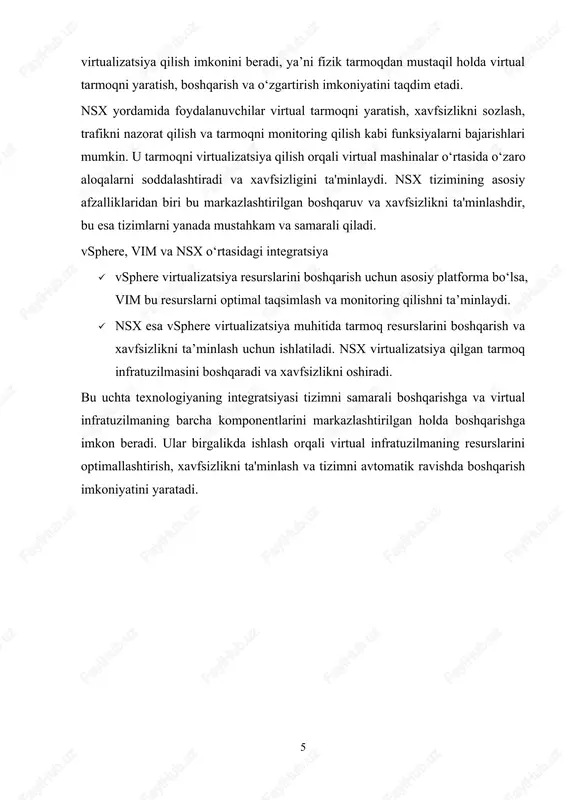 ni boshqarish, monitoring qilish va resurslarni dinamik ravishda taqsimlash. vim va nsx integratsiyasining arxitekturasi vim va nsx integratsiyasi quyidagi tarzda ishlaydi: vim virtual infratuzilmaning markaziy boshqaruv komponenti bo‘lib, virtual mashinalar va saqlash resurslarini boshqaradi. nsx esa tarmoq va xavfsizlikni boshqaradi, virtual tarmoqning har bir komponentini o‘z ichiga oladi. vim va nsx o‘rtasidagi integratsiya yordamida virtual infratuzilma resurslari (masalan, cpu, ram, saqlash) va tarmoq resurslari (masalan, ip manzillar, vlanlar, virtual switches) o‘rtasidagi muvofiqlik ta'minlanadi. vim va nsx ishlash prinsiplari vim va nsx integratsiyasi orqali virtual infratuzilmani boshqarishning ishlash prinsiplari quyidagicha bo‘ladi: resurslarni integratsiyalashgan boshqaruvi vim yordamida virtual mashinalar, saqlash va hisoblash resurslari markazlashtirilgan tarzda boshqariladi. nsx esa tarmoqni boshqarishni ta'minlaydi. integratsiya yordamida: vim tomonidan virtual mashinalarga taqsimlangan resurslar avtomatik ravishda tarmoq konfiguratsiyasi bilan moslashtiriladi. virtual tarmoqning har bir komponenti (masalan, ip manzillar, port guruhlari) nsx tomonidan boshqariladi, shu bilan birga vim resurslarni optimallashtirishni amalga oshiradi. dinamik resurs taqsimlash va optimallashtirish vim …