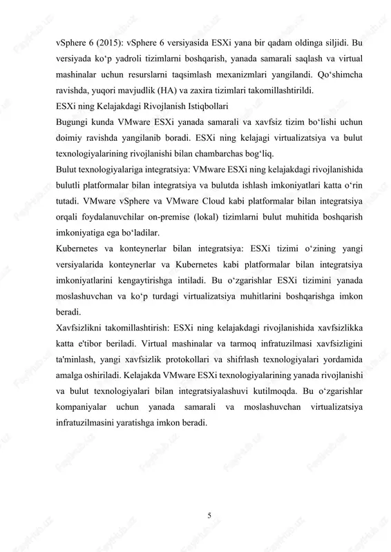 uzaga keltiradi. tizimni o‘rnatish va sozlashdagi murakkabliklar o‘rnatish jarayonining murakkabligi: vmware esxi ning o‘rnatish jarayoni ba'zi foydalanuvchilar uchun murakkab bo‘lishi mumkin. maxsus tizim konfiguratsiyasi, disklarni tayyorlash va tarmoqni sozlash kabi bosqichlar ko‘proq texnik bilim va tajriba talab qiladi. esxi ning o‘rnatish va sozlash jarayoni, ayniqsa, boshlang‘ich foydalanuvchilar uchun qiyin bo‘lishi mumkin. tizimni boshqarishdagi murakkabliklar: esxi tizimining boshqaruvi, ko‘p holatlarda, avvaldan tayyorlangan konfiguratsiyaga asoslanadi. foydalanuvchilarga zarur sozlamalarni o‘rnatish yoki tarmoq, saqlash tizimi kabi ko‘plab komponentlarni integratsiya qilishda ba'zi qiyinchiliklar yuzaga kelishi mumkin. ko‘p virtual mashinalar va kengaytirilgan resurslarni boshqarish ko‘p virtual mashinalar bilan ishlash: vmware esxi tizimida ko‘p virtual mashinalar bilan ishlashda ba'zi resurslar zaxirasi tugashi mumkin. ayniqsa, juda katta hajmdagi virtual mashinalar uchun, esxi resurslarni to‘g‘ri taqsimlashda qiyinchiliklar yuzaga kelishi mumkin. bu, tizimning ishlash tezligini sekinlashtirishi yoki ba'zi virtual mashinalarning ishlashini to‘xtatishiga sabab bo‘lishi mumkin. xotira va cpu resurslari chegaralari: vmware esxi platformasining bepul versiyasida yoki kichik litsenziyalarda cpu yadro …