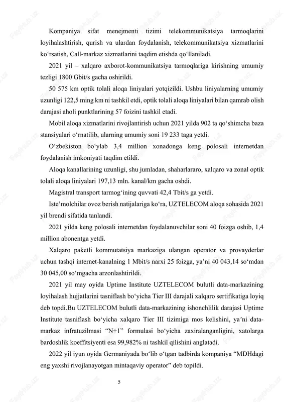 6 foizni (4 595 nafar), 30 yoshgacha bo‘lgan yoshlar esa 28 foizni (4 906 nafar) tashkil etdi. toshkent metropoliteni uztelecom kompaniyasining mobil aloqa va mobil interneti bilan to‘liq taʼminlandi. 2023 – kompaniya ketma-ket uchinchi marta “aloqa” nominatsiyasida nufuzli «yil brendi» mukofotini qo‘lga kiritdi. 2023 yil davomida uztelecom tomonidan respublika bo‘ylab 60 ming kilometrdan ortiq optik tolali aloqa liniyalari yotqizilib, umumiy uzunligi 227 ming kilometrdan ko‘proqqa kengaytirildi. uztelecom o‘zbekiston bo‘ylab 6000 dan ortiq yangi tayanch stansiyalarini ishga tushirdi va yangiladi. berlin (germaniya) shahrida bo‘lib o‘tgan gccm europe 2023 marosimida uztelecom “mdh mamlakatlari 2023 yilgi mintaqaviy operatori” unvoniga sazovor bo‘ldi. 2023 yilning 1- va 2-choraklarida o‘zbekistondagi “eng tezkor mobil tarmoq” deb topildi. toshkent va samarqand shaharlari to‘liq 5g bilan taʼminlandi. aholiga yuqori tezlikdagi internet xizmatlarini ko‘rsatishga mo‘ljallangan qurilmalarning umumiy sig‘imi 4,8 milliondan ortiq portgacha oshirildi. 100% ijtimoiy soha obyektlari, 92% aholi punktlari internet tarmog‘idan foydalanishi taʼminladi. telecom tv platformasi ishga tushirildi. hamkor …