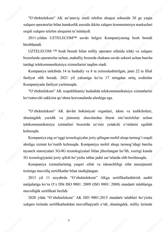 ha kompaniya xodimlarining umumiy soni 17 747 nafarni tashkil etib, shundan ayollar 26 foizni (4 595 nafar), 30 yoshgacha bo‘lgan yoshlar esa 28 foizni (4 906 nafar) tashkil etdi. toshkent metropoliteni uztelecom kompaniyasining mobil aloqa va mobil interneti bilan to‘liq taʼminlandi. 2023 – kompaniya ketma-ket uchinchi marta “aloqa” nominatsiyasida nufuzli «yil brendi» mukofotini qo‘lga kiritdi. 2023 yil davomida uztelecom tomonidan respublika bo‘ylab 60 ming kilometrdan ortiq optik tolali aloqa liniyalari yotqizilib, umumiy uzunligi 227 ming kilometrdan ko‘proqqa kengaytirildi. uztelecom o‘zbekiston bo‘ylab 6000 dan ortiq yangi tayanch stansiyalarini ishga tushirdi va yangiladi. berlin (germaniya) shahrida bo‘lib o‘tgan gccm europe 2023 marosimida uztelecom “mdh mamlakatlari 2023 yilgi mintaqaviy operatori” unvoniga sazovor bo‘ldi. 2023 yilning 1- va 2-choraklarida o‘zbekistondagi “eng tezkor mobil tarmoq” deb topildi. toshkent va samarqand shaharlari to‘liq 5g bilan taʼminlandi. aholiga yuqori tezlikdagi internet xizmatlarini ko‘rsatishga mo‘ljallangan qurilmalarning umumiy sig‘imi 4,8 milliondan ortiq portgacha oshirildi. 100% ijtimoiy soha obyektlari, 92% …