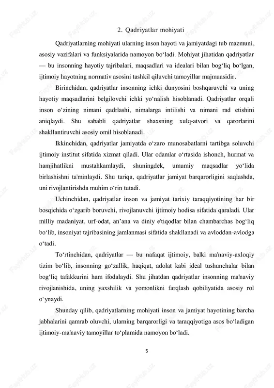 mustahkamlashga, ularning yoshlar ongiga singdirilishiga qaratilgan. shu bilan birga, ommaviy axborot vositalari va madaniyat sohasidagi loyihalar orqali milliy qadriyatlarning targ‘iboti kuchaytirilmoqda. bu esa, xalqaro global jarayonlar ta’sirida milliy o‘zlikni saqlab qolish va rivojlantirishda muhim vositadir. shu nuqtai nazardan, o‘zbekiston jamiyatida qadriyatlar jamiyat barqarorligini ta’minlovchi, milliy birdamlikni kuchaytiruvchi asosiy omil sifatida namoyon bo‘ladi. ular jamiyat a’zolarini umumiy maqsadlar atrofida birlashtiradi, insonlarni ma'naviy barkamollikka yetaklaydi hamda madaniy merosni avlodlarga yetkazishda asosiy vosita bo‘lib xizmat qiladi. xulosa qilib aytganda, o‘zbekiston jamiyatida qadriyatlarning tutgan o‘rni beqiyosdir. ular nafaqat shaxsning ichki dunyosini shakllantiradi, balki jamiyatni barqaror va rivojlangan davlatga aylantirishda asosiy vosita bo‘lib xizmat qiladi. milliy qadriyatlarni rivojlantirish va ularni yoshlar ongiga singdirish — mamlakatimiz kelajagi uchun juda muhim vazifa hisoblanadi. 8 xulosa qadriyatlar tushunchasi inson va jamiyat hayotining ajralmas qismi bo‘lib, ularning mazmuni va mohiyati ko‘p qirralidir. qadriyatlar shaxsning ichki dunyosini boshqaruvchi, uning axloqiy tamoyillari, qadriyatlari va maqsadlarini belgilovchi muhim omildir. shu bilan birga, …