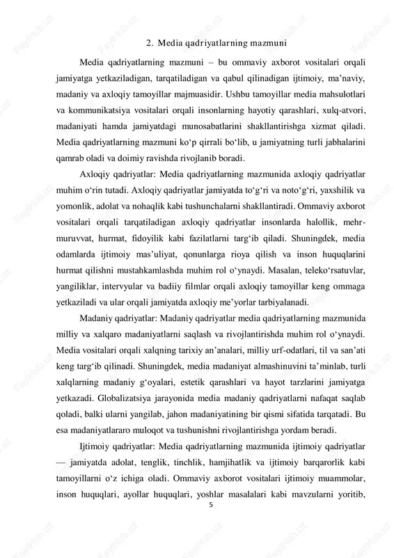 im etadi. axborot qadriyatlar jamiyat a’zolarining ongini rivojlantirish, ular orasida axborot savodxonligini oshirish hamda dolzarb ijtimoiy, siyosiy va iqtisodiy muammolarni hal etishda yordam beradi. media qadriyatlarning dinamikligi: media qadriyatlarning mazmuni doimiy ravishda o‘zgarib boradi. bu o‘zgarishlar texnologik taraqqiyot, globalizatsiya, ijtimoiy-siyosiy jarayonlar va madaniy o‘zgarishlar bilan bog‘liq. media orqali tarqatiladigan qadriyatlar yangi jamiyat ehtiyojlariga moslashib, zamonaviy talablar va axborot makonining xususiyatlarini hisobga olgan holda yangilanadi. masalan, internet va ijtimoiy tarmoqlarning rivojlanishi media qadriyatlarning shakli va mazmunini sezilarli darajada kengaytirdi, ular endi yanada ko‘p qirrali, interaktiv va global xususiyatga ega bo‘ldi. 3 xolmirzaev n. “media va madaniyat” – toshkent, 2018. 7 3. media qadriyatlarning mohiyati media qadriyatlarning mohiyati — bu ommaviy axborot vositalari orqali jamiyatda shakllanadigan va tarqaladigan ma’naviy-axloqiy, madaniy va ijtimoiy tamoyillar tizimining asosiy xususiyatlari va mazmunidir. media qadriyatlar jamiyat hayotidagi o‘ziga xos o‘rin va funksiyalarni bajaradi, insonlarning ongini, hissiyotlarini, xulq-atvorini shakllantiradi hamda ijtimoiy muvozanatni ta’minlashda muhim ahamiyatga ega bo‘ladi. media …