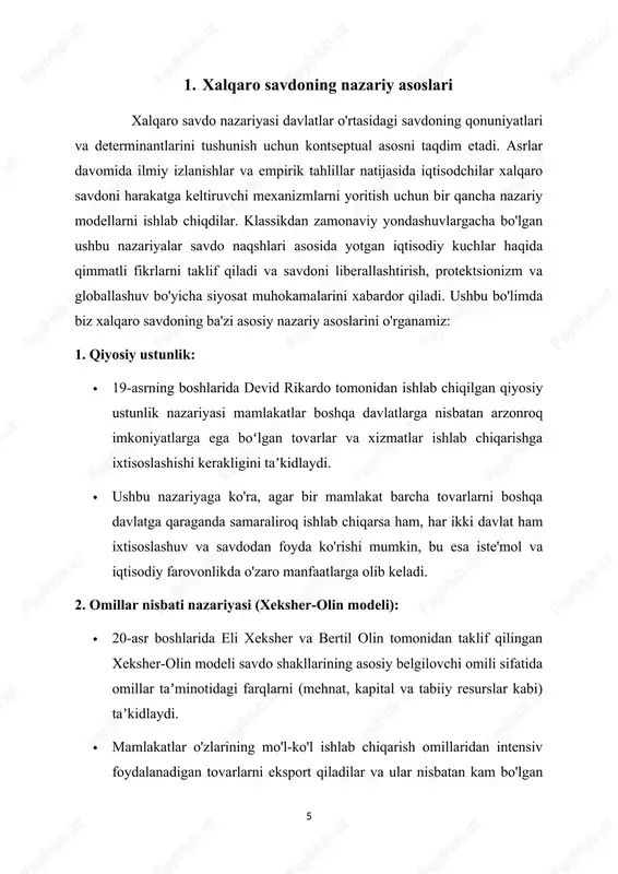 miqyosdagi iqtisodlarning mavjudligi va ixtisoslashuvning ortib borayotgan daromadlari tufayli ham ixtisoslashishi mumkin. yangi savdo nazariyasi, qiyosiy ustunlik nazariyasi kabi klassik modellardan sezilarli darajada uzoqlashdi, 20-asrning ikkinchi yarmida an'anaviy tuzilmalar bilan to'liq hisobga olinmaydigan savdo shakllarini tushuntirish uchun paydo bo'ldi. asosan pol krugman kabi iqtisodchilar tomonidan ishlab chiqilgan ushbu nazariya xalqaro savdo dinamikasini yaxshiroq tushunish uchun miqyos iqtisodlari, mahsulotlarni farqlash va nomukammal raqobat kabi yangi tushunchalarni taqdim etadi. yangi savdo nazariyasining asosiy elementlarini batafsil ko'rib chiqamiz: masshtab iqtisodlari: masshtabdan doimiy daromad olishni nazarda tutuvchi klassik nazariyalardan farqli o'laroq, yangi savdo nazariyasi ishlab chiqarishda miqyos iqtisodining mavjudligini tan oladi. mahsulotni farqlash: “yangi savdo nazariyasi” xalqaro savdoda mahsulot differentsiatsiyasining muhimligini ta’kidlaydi. heterojen mahsulot bozorlarida iste'molchilar ma'lum brendlar, uslublar yoki xususiyatlarni afzal ko'rishlari mumkin, bu esa iste'molchilarning turli talablarini qondirish uchun firmalar tomonidan mahsulotning farqlanishiga olib keladi. mahsulotlarni farqlash firmalar uchun bozor kuchini yaratishi mumkin, bu ularga yuqori narxlarni olish va global miqyosda bozor …