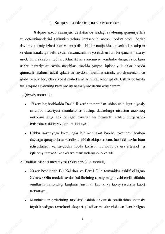 sdagi iqtisodlarning mavjudligi va ixtisoslashuvning ortib borayotgan daromadlari tufayli ham ixtisoslashishi mumkin. yangi savdo nazariyasi, qiyosiy ustunlik nazariyasi kabi klassik modellardan sezilarli darajada uzoqlashdi, 20-asrning ikkinchi yarmida an'anaviy tuzilmalar bilan to'liq hisobga olinmaydigan savdo shakllarini tushuntirish uchun paydo bo'ldi. asosan pol krugman kabi iqtisodchilar tomonidan ishlab chiqilgan ushbu nazariya xalqaro savdo dinamikasini yaxshiroq tushunish uchun miqyos iqtisodlari, mahsulotlarni farqlash va nomukammal raqobat kabi yangi tushunchalarni taqdim etadi. yangi savdo nazariyasining asosiy elementlarini batafsil ko'rib chiqamiz: masshtab iqtisodlari: masshtabdan doimiy daromad olishni nazarda tutuvchi klassik nazariyalardan farqli o'laroq, yangi savdo nazariyasi ishlab chiqarishda miqyos iqtisodining mavjudligini tan oladi. mahsulotni farqlash: “yangi savdo nazariyasi” xalqaro savdoda mahsulot differentsiatsiyasining muhimligini ta’kidlaydi. 7 heterojen mahsulot bozorlarida iste'molchilar ma'lum brendlar, uslublar yoki xususiyatlarni afzal ko'rishlari mumkin, bu esa iste'molchilarning turli talablarini qondirish uchun firmalar tomonidan mahsulotning farqlanishiga olib keladi. mahsulotlarni farqlash firmalar uchun bozor kuchini yaratishi mumkin, bu ularga yuqori narxlarni olish va global miqyosda …