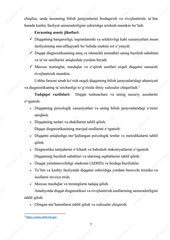 ishlarida bilish jarayonlarining rivojlanishi va bolalarning e’tiborini oshirish masalalari ko‘rib chiqilgan. mavzu boy ilmiy-adabiyotlar va tadqiqotlarga ega bo‘lsa-da, diqqat diagnostikasining zamonaviy usullarini takomillashtirish, milliy sharoitda uni tadbiq etish va o‘rganish uchun qo‘shimcha tadqiqotlar olib borish zaruriyatga ega. i bob. diqqat tushunchasi va uning xususiyatlari 1.1. diqqatning nazariy asoslari diqqat psixologik ilmiy tadqiqotlarda keng o‘rganilgan va murakkab psixologik jarayon sifatida qaraladi. u insonning idroki, xotirasi, tafakkuri va his-tuyg‘ulari bilan chambarchas bog‘liqdir. diqqatning nazariy asoslarini ko‘plab psixologik maktablar va olimlar ishlab chiqqan, bu esa diqqatni tushunish va uni o‘rganish uchun zarur bo‘lgan asosiy g‘oyalarni yaratdi. diqqatning nazariy yondashuvlari · psixoanalitik yondashuv (sigmund freud): sigmund freuddian psixoanaliz nazariyasiga ko‘ra, diqqat insonning ongli va be consciously e’tiborli faoliyatlarini boshqarish va tartibga solish uchun zarurdir. freud diqqatni, birinchi navbatda, ichki psixik jarayonlarni boshqarish uchun kerakli vosita sifatida ko‘rdi. u, shuningdek, diqqatning ayrim xususiyatlarini nevrozlar va ruhiy kasalliklar bilan bog‘lab tushuntirgan. · klassik kognitiv yondashuv (william …