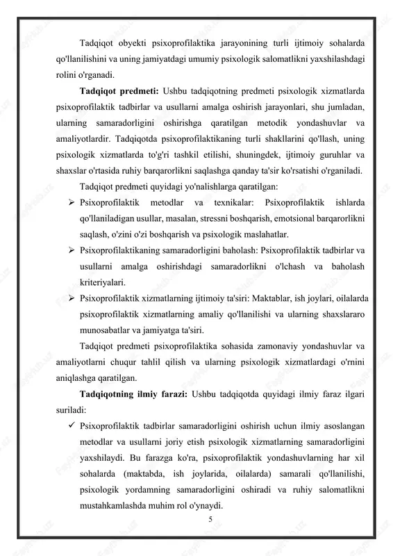uhlarning ehtiyojlariga moslashtirish, shuningdek, ularning samaradorligini oshirish yo'llarini tadqiq etish. bu vazifalar tadqiqotning asosiy yo'nalishlarini aniqlab beradi va psixoprofilaktika sohasidagi amaliy va ilmiy muammolarni hal qilishda yordam beradi. mavzuning o'rganilganlik darajasi: psixoprofilaktika sohasidagi ilmiy-tadqiqot ishlari so'nggi yillarda faol rivojlanib, psixologik xizmatlar va shaxsiy rivojlanish sohalarida muhim o'rin egalladi. psixoprofilaktika — ruhiy salomatlikni saqlash, stressni boshqarish va ijtimoiy psixologik muammolarni bartaraf etish maqsadida qo'llaniladigan psixologik metodlar tizimi bo'lib, bu soha zamonaviy psixologiyaning muhim bo'limlaridan biridir. alohida qayd etish lozimki, psixoprofilaktik tadbirlar va metodlar bo'yicha bir qator ilmiy izlanishlar amalga oshirilgan. masalan: · psixoprofilaktika tushunchasi va uning metodik asoslari: psixoprofilaktika sohasida turli ilmiy izlanishlar mavjud, ular psixologik yordam ko'rsatishda psixoprofilaktikaning o'rni va metodlarini aniqlashga qaratilgan. ko'plab psixologlar stressni kamaytirish, ruhiy barqarorlikni saqlash va ijtimoiy farovonlikni yaxshilashga qaratilgan metodikalarni ishlab chiqqan. · psixoprofilaktikaning turli ijtimoiy guruhlarda qo'llanilishi: o'zbekistondagi psixologik xizmatlarda psixoprofilaktika metodlarini qo'llash amaliyoti o'rganilgan, biroq bu sohada hali ko'plab ilmiy va amaliy …