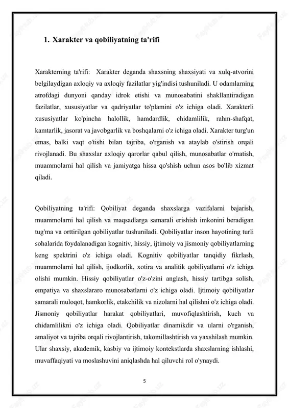asuflar xarakter, aql va ijtimoiy taraqqiyot o‘rtasidagi munosabatni o‘rgandilar. lokkning tabula rasa tushunchasiga ko'ra, odamlar bo'sh varaqlar bo'lib tug'iladi, ularning xarakteri ularning tajribalari va birlashmalari bilan shakllanadi. russoning olijanob yirtqich tushunchasi tug'ma ezgulikni va jamiyatning xarakterga buzuvchi ta'sirini ta'kidladi. kantning axloqiy falsafasi ratsional iroda va kategorik imperativning avtonomiyasiga asoslanib, ezgu xulq-atvorni boshqarishda axloqiy tamoyillar va burch muhimligini ta'kidlagan. xulosa qilib aytganda, xarakter va qobiliyatga oid tarixiy qarashlar inson tabiati, axloqiy fazilatlari va shaxsiy kamolotiga oid falsafiy, diniy va tarbiyaviy tushunchalarning boy gobelenini aks ettiradi. turli madaniyatlar va davrlarda ezgu xarakterni tarbiyalash va turli qobiliyatlarni rivojlantirish to'laqonli va axloqiy jihatdan mazmunli hayot kechirishga intilayotgan shaxslar uchun muhim vazifalar sifatida baholangan. 3. xarakter va qobiliyat o'rtasidagi munosabatni tushuntiruvchi psixologik nazariyalar psixologik nazariyalar xarakter va qobiliyat o'rtasidagi murakkab munosabatlar haqida qimmatli fikrlarni taqdim etadi, shaxsiy xususiyatlar va kognitiv jarayonlardagi individual farqlar xulq-atvor, ishlash va shaxsiy rivojlanishni qanday shakllantirishini yoritadi. bir nechta mashhur psixologik …