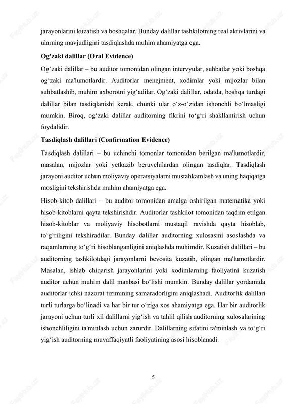 oshirilganligini tasdiqlaydi. tasdiqlash (confirmation) tasdiqlash – bu auditorning tashqi tomonlardan (mijozlar, banklar yoki boshqa tashkilotlar) yozma ravishda ma'lumot olish usulidir. bu usul auditor uchun kompaniyaning moliyaviy holatini mustahkamlash va uning hisobotlari to‘g‘ri ekanligini tasdiqlash imkonini beradi. tasdiqlash jarayonida auditorlar odatda mijozlardan, banklardan yoki boshqa uchinchi shaxslardan tasdiqlar olishadi. misol: auditor bankdan kompaniyaning qarz miqdori haqida tasdiqlash oladi yoki mijozlardan sotilgan mahsulotlar bo‘yicha qarzlarni tasdiqlashni so‘raydi. hisob-kitoblarni qayta hisoblash (recalculation) hisob-kitoblarni qayta hisoblash – bu auditorning matematik yoki hisob-kitoblarni mustaqil ravishda tekshirish usulidir. auditorlar kompaniyaning hisob-kitoblari yoki moliyaviy ko‘rsatkichlarini qayta hisoblab, ularning to‘g‘riligini tasdiqlaydilar. bu usul moliyaviy ma'lumotlarning ishonchliligi va to‘g‘riligini aniqlashda muhim ahamiyatga ega. misol: auditor kompaniyaning soliqqa tortilgan daromadini yoki qarzlarni qayta hisoblab, bu hisob-kitoblarning to‘g‘ri ekanligini tekshiradi. ko‘rish va kuzatish (observation) ko‘rish va kuzatish – bu auditorning kompaniya ichidagi jarayonlarni bevosita kuzatish usulidir. auditorlar ishchilarning faoliyatini yoki ishlab chiqarish jarayonlarini bevosita kuzatib, tashkilotning moliyaviy holati va ichki nazorat …