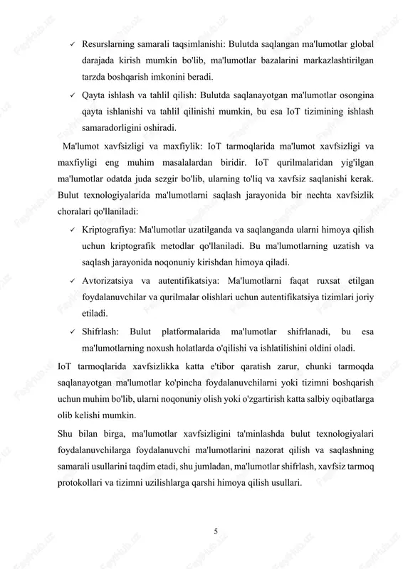 day tizimlar real vaqt rejimida ma'lumotlar asosida qarorlar qabul qiladi. · katta hajmdagi ma'lumotlarni boshqarish: iot tarmoqlari juda katta hajmdagi ma'lumotlarni to'plashi mumkin. bulutli platformalar bu ma'lumotlarni samarali ravishda saqlash va qayta ishlash imkonini beradi. bu yerda ma'lumotlar markazlashgan holda saqlanadi va qayta ishlanadi, bu esa tizimning miqyosini osongina kengaytirish imkonini beradi. · mashina o'rganish va sun'iy intellektdan foydalanish: bulutda saqlangan ma'lumotlar asosida mashinani o'rganish va sun'iy intellekt metodlari yordamida aniq prognozlar va qarorlar chiqarish mumkin. masalan, sanoat uskunalarining nosozliklarini oldindan bashorat qilish, yoki aqlli shahar tizimlarida transport oqimlarini optimallashtirish. edge computing va iot integratsiyasi: edge computing (chekka hisoblash) — bu ma'lumotlarni bulutga uzatishdan avval, iot qurilmalari yoki ularning yaqinida joylashgan serverlarda qayta ishlash jarayonini amalga oshirishdir. bu, ayniqsa, ma'lumotlar uzatishning kechikishi (latency) muhim bo'lgan iot tizimlari uchun samarali yondashuvdir. edge computing va iot integratsiyasi quyidagi afzalliklarga ega: · real-vaqt ishlov berish: edge computing tizimlari ma'lumotlarni to'plangan joyda, ya'ni qurilmaga …