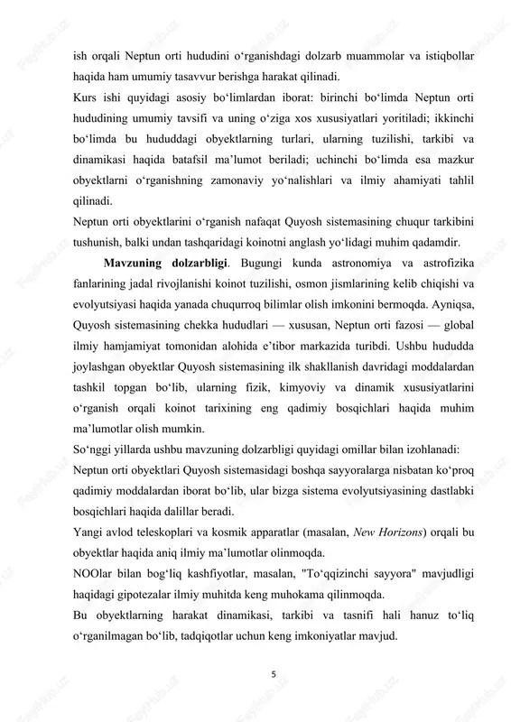 zuning ilmiy ahamiyati bir necha yo‘nalishlarda namoyon bo‘ladi: fundamental ilm-fan uchun: neptun orti obyektlari quyosh sistemasining dastlabki davrida shakllangan moddalardan tashkil topgan bo‘lib, ularni o‘rganish orqali sistema evolyutsiyasining eng qadimgi bosqichlarini tushunish mumkin. planetalar fizikasi va dinamikasi: bu obyektlar o‘ziga xos orbital harakat va fizik xususiyatlarga ega bo‘lib, ularning o‘rganilishi orqali sayyoralararo gravitatsion munosabatlar, rezonanslar va boshqa dinamik jarayonlar haqida chuqur bilimlar olinadi. mitti sayyoralar va “to‘qqizinchi sayyora” nazariyasi: neptun orti obyektlarini tahlil qilish orqali kashf qilinmagan yirik sayyoralarning mavjudligi ehtimoli kuchaymoqda. bu esa quyosh sistemasi tuzilmasini qaytadan ko‘rib chiqishga olib kelmoqda. kosmik izlanishlar uchun yo‘l ochadi: ushbu obyektlarga yuborilgan yoki rejalashtirilayotgan missiyalar (masalan, new horizons) kelajakda insoniyatning uzoq fazoni zabt etish imkoniyatlarini kengaytiradi. shuningdek, mavzu o‘zbekiston sharoitida ham dolzarb ahamiyat kasb etadi. yurtimizda yoshlarni fan va texnologiyaga qiziqtirish, ularni ilmiy izlanishlarga yo‘naltirish davlat siyosatining ustuvor yo‘nalishlaridan biridir. o‘zbekiston respublikasi prezidentining ilm-fan va ta’limga oid qaror va farmonlarida, xususan, pq-3626-sonli …