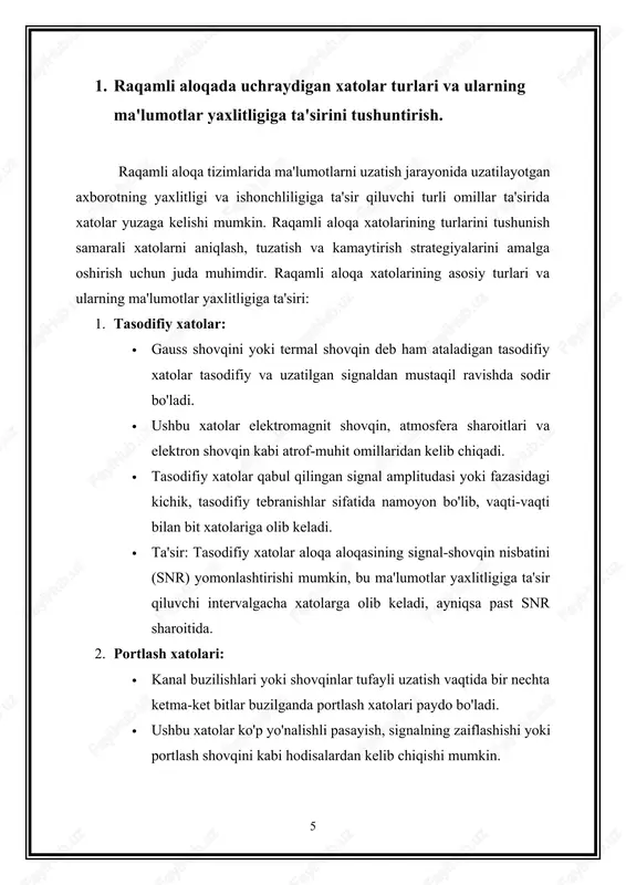 dan sodir bo'lishi mumkin, bu signal sifati va ishonchliligidagi o'zgarishlarga olib keladi. · ta'sir: kanalning buzilishi xatolarni aniqlash va tuzatish usullarining ishlashiga putur etkazishi mumkin, bu esa dinamik yoki dushman aloqa muhitlarida ma'lumotlar yaxlitligini saqlashni qiyinlashtiradi. raqamli aloqa xatolarining turlarini va ularning ma'lumotlar yaxlitligiga ta'sirini tushunish mustahkam aloqa tizimlarini loyihalash va xatolarni kamaytirishning samarali strategiyalarini amalga oshirish uchun juda muhimdir. xatolarning turli manbalarini aniqlash va yumshatish orqali aloqa muhandislari raqamli aloqa tarmoqlarining ishonchliligi, samaradorligi va xavfsizligini oshirishi mumkin. 2. xatolarni aniqlash, xatolarni tuzatish va arq protokollaridagi mavjud muammolarni tekshirish, masalan, portlash xatolarini bartaraf etish va kechikishni kamaytirish. xatoni aniqlash: xatolarni aniqlash usullari ma'lumotlarni uzatish paytida xatolar yuzaga kelganligini aniqlash uchun ishlatiladi. xatolarni aniqlashning keng tarqalgan usullari quyidagilarni o'z ichiga oladi: 1. paritetni tekshirish: parite bitlari har bir maʼlumot birligida (masalan, baytlar yoki soʻzlar) 1 qiymatiga ega boʻlgan bitlarning umumiy soni toq yoki juft boʻlishini taʼminlash uchun maʼlumotlarga qoʻshiladi. 2. tekshirish …
