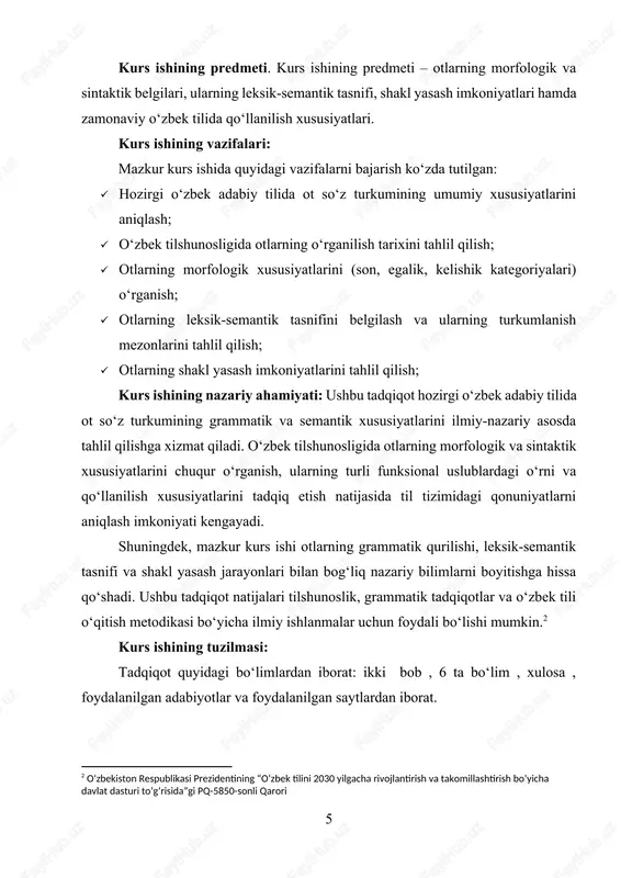 r – ikki yoki undan ortiq so‘zning birikishi natijasida hosil bo‘lgan otlar. masalan: oftobparast, gulbarg, suvqush. ma’nosiga ko‘ra otlar · konkret otlar – moddiy jismlarni, aniq ko‘rinish va shaklga ega bo‘lgan narsalarni bildiradi. masalan: stol, qalam, mashina. · mavhum otlar – ko‘z bilan ko‘rib, qo‘l bilan ushlab bo‘lmaydigan tushunchalarni bildiradi. masalan: baxt, sevgi, do‘stlik. grammatik xususiyatlariga ko‘ra otlar · jonli otlar – tirik mavjudotlarning nomini bildiradi. masalan: bola, qush, it. · jonsiz otlar – tirik bo‘lmagan narsalarni bildiradi. masalan: tosh, suv, tog‘. otlarning egalik shakllari o‘zbek tilida otlar egalik qo‘shimchalari yordamida shaxsga bog‘lanishi mumkin. masalan: · uyim (mening uyim) · kitobing (sening kitobing) · do‘stlari (ularning do‘stlari) kelishik qo‘shimchalari orqali o‘zgarishi otlar gapda turli sintaktik vazifalarni bajarish uchun olti kelishik shaklida ishlatiladi: · boshlang‘ich: kitob · qaratqich: kitobning · tushum: kitobni · jo‘nalish: kitobga · chiqish: kitobdan · yordamchi: kitob bilan ushbu tasnif otlarning o‘zbek tilidagi o‘rnini aniqlash va ularni …