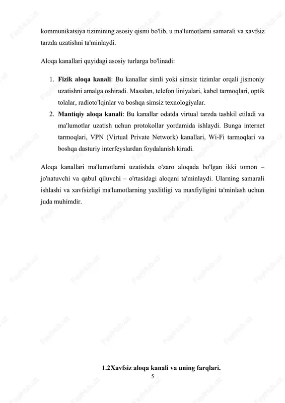 shifrlanishini va xavfsizligini ta'minlaydi. shunday qilib, xavfsiz aloqa kanali, oddiy aloqa kanali bilan taqqoslaganda, ma'lumotlar xavfsizligini ta'minlash uchun qo'shimcha xavfsizlik choralarini o'z ichiga oladi va ularning asosiy farqi - shifrlash, yaxlitlik, autentifikatsiya va boshqa xavfsizlik protokollarining qo'llanishidadir. 1.3 xavfsiz aloqa kanalining asosiy xususiyatlari. xavfsiz aloqa kanali orqali ma'lumot uzatishda asosiy maqsad – uzatilayotgan ma'lumotlarning maxfiyligi, yaxlitligi va autentifikatsiyasini ta'minlashdir. xavfsiz aloqa kanali uchun quyidagi asosiy xususiyatlar juda muhim hisoblanadi: 1. shifrlash (encryption): · shifrlash – bu ma'lumotlarni o'qish mumkin bo'lmagan tarzda kodlash jarayonidir. ma'lumotlar uzatilayotganda, ularni shifrlash orqali ularni himoya qilish mumkin. bu xususiyatning asosiy maqsadi – tashqi tomonlarning, xususan, xakerlarning ma'lumotlarni o'qishiga yo'l qo'ymaslik. · asosiy shifrlash turlari: simmetrik (bir xil kalit bilan) va asimmetrik (ikki xil kalit: jamoat va shaxsiy) shifrlash. 2. ma'lumotlarning yaxlitligi (data integrity): · yaxlitlik – bu uzatilgan ma'lumotlarning to'liqligi va o'zgartirilmasligini ta'minlashni anglatadi. xavfsiz aloqa kanali orqali ma'lumotlar uzatilganda, ularning yo'qolishi yoki o'zgartirilishi oldini …