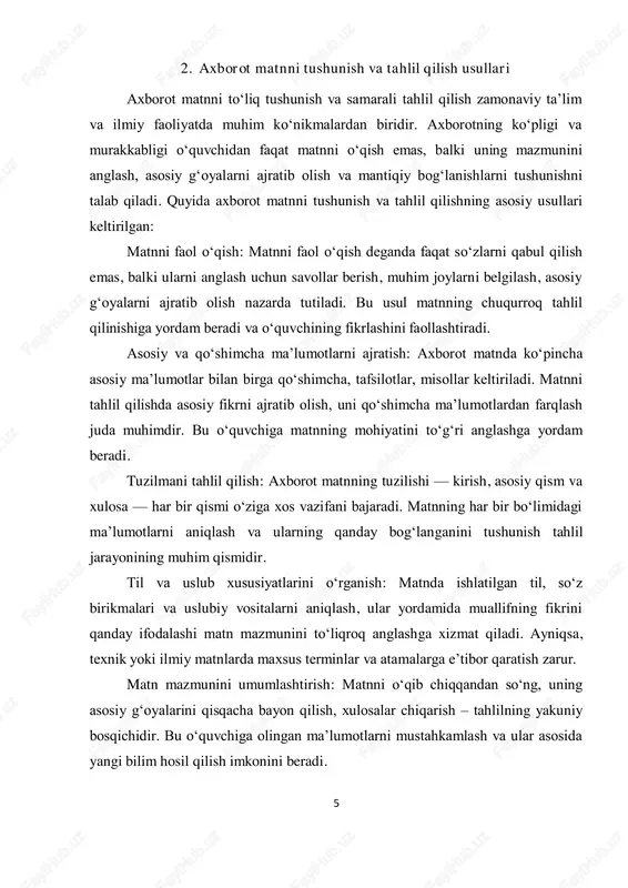 larining ijobiy hamda salbiy tomonlarini muhokama qiladilar. bu jarayon matn mazmunini kengroq kontekstda anglashga, tanqidiy fikrlashni rivojlantirishga yordam beradi. savol-javob va muhokama usullari birgalikda qo‘llanganda, o‘quvchilar nafaqat axborot matnni yaxshiroq tushunadilar, balki o‘z fikrlarini aniq ifodalash, mantiqan asoslash va boshqalar bilan baham ko‘rish ko‘nikmalarini ham rivojlantiradilar. bu esa axborot bilan ishlashda samaradorlikni oshiradi hamda o‘quv jarayonini qiziqarli va interaktiv qiladi.3 3 tursunov b. axborot va kommunikatsiya texnologiyalari. – toshkent: fan, 2021. 7 3. axborot matn ustida qiyosiy tahlilning ahamiyati va qo‘llanilishi axborot matn ustida qiyosiy tahlil — bu turli matnlarni o‘zaro taqqoslash, ularning o‘xshash va farqli tomonlarini aniqlash orqali chuqur anglash va yanada to‘liqroq tahlil qilish usulidir. bugungi kunda axborotning ko‘pligi va xilma-xilligi sababli qiyosiy tahlil usuli axborot matnlarni samarali o‘rganish va tahlil qilishda muhim ahamiyat kasb etmoqda. qiyosiy tahlilning asosiy ahamiyati shundaki, u o‘quvchi yoki tadqiqotchiga bir nechta matnlar orasidagi bog‘liqliklarni ko‘rsatib beradi, ularning mazmuniy, struktural va uslubiy xususiyatlarini …