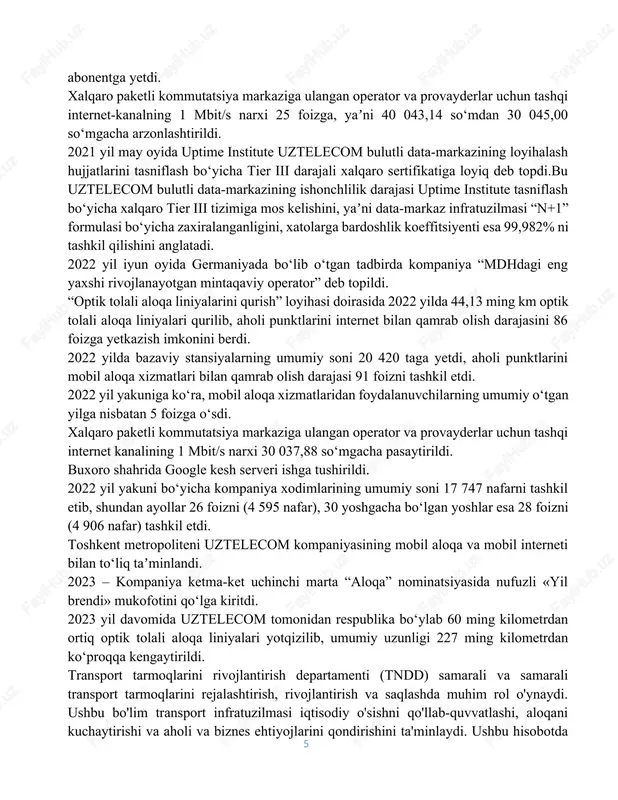 i 86 foizga yetkazish imkonini berdi. 2022 yilda bazaviy stansiyalarning umumiy soni 20 420 taga yetdi, aholi punktlarini mobil aloqa xizmatlari bilan qamrab olish darajasi 91 foizni tashkil etdi. 2022 yil yakuniga ko‘ra, mobil aloqa xizmatlaridan foydalanuvchilarning umumiy o‘tgan yilga nisbatan 5 foizga o‘sdi. xalqaro paketli kommutatsiya markaziga ulangan operator va provayderlar uchun tashqi internet kanalining 1 mbit/s narxi 30 037,88 so‘mgacha pasaytirildi. buxoro shahrida google kesh serveri ishga tushirildi. 2022 yil yakuni bo‘yicha kompaniya xodimlarining umumiy soni 17 747 nafarni tashkil etib, shundan ayollar 26 foizni (4 595 nafar), 30 yoshgacha bo‘lgan yoshlar esa 28 foizni (4 906 nafar) tashkil etdi. toshkent metropoliteni uztelecom kompaniyasining mobil aloqa va mobil interneti bilan to‘liq taʼminlandi. 2023 – kompaniya ketma-ket uchinchi marta “aloqa” nominatsiyasida nufuzli «yil brendi» mukofotini qo‘lga kiritdi. 2023 yil davomida uztelecom tomonidan respublika bo‘ylab 60 ming kilometrdan ortiq optik tolali aloqa liniyalari yotqizilib, umumiy uzunligi 227 ming kilometrdan ko‘proqqa …