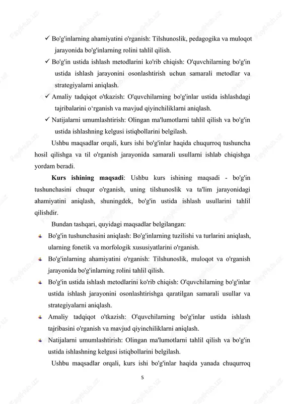 inlarning ta'rifi, tuzilishi, turlari va ular o'rtasidagi farqlar. · bo'g'inlarning ahamiyati: bo'g'inlarning tilshunoslik, pedagogika va muloqotdagi roli va ahamiyati. · bo'g'in ustida ishlash metodlari: o'quvchilarning bo'g'inlar ustida ishlash jarayonini osonlashtiruvchi samarali metodlar va strategiyalar. · amaliy tadqiqot: o'quvchilar orasida bo'g'inlar ustida ishlash tajribasini o'rganish va mavjud qiyinchiliklarni aniqlash. · natijalarni tahlil qilish: olingan ma'lumotlar asosida bo'g'in ustida ishlashning istiqbollarini belgilash va xulosalar chiqarish. ushbu predmet orqali bo'g'in tushunchasi va ularning o'rganilish jarayoni yanada chuqurroq tushuniladi, bu esa til o'rganish jarayonida samarali yondashuvlarni ishlab chiqishga yordam beradi. kurs ishining obekti: ushbu kurs ishining obekti "boʻgʻin ustiga ishlash" mavzusidagi o‘quv jarayonida bo‘g‘inlar, ularning o‘rganilishi, talaffuzi, va yozilishi jarayonidir. obekt quyidagi jihatlarni o'z ichiga oladi: · bo'g'inlar: so'zlarni tashkil etuvchi asosiy fonetik birliklar, ularning struktural xususiyatlari, turlari va funksiyalari. · o'quv jarayoni: o'quvchilarning bo'g'inlar ustida ishlash jarayoni, shu jumladan, bo'g'inlarni aniqlash, talaffuz qilish va yozish usullari. · pedagogik metodlar: o'quvchilarga bo'g'inlarni o'rganishda yordam …