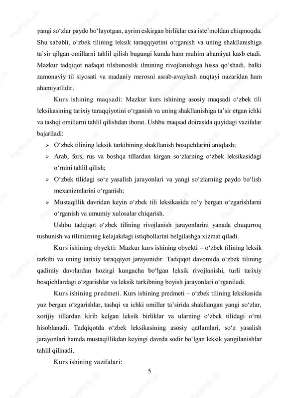 rliklarning adabiy tilga ta’sirini o‘rganish;  mustaqillik davridan keyin oʻzbek tili leksikasida sodir bo‘lgan oʻzgarishlarni tahlil qilish va tendensiyalarni aniqlash;  oʻzbek tilining kelajakdagi rivojlanish istiqbollarini ilmiy asosda tahlil qilish. kurs ishining nazariy ahamiyati: mazkur tadqiqot oʻzbek tili leksikasining tarixiy taraqqiyotini o‘rganish bilan bog‘liq ilmiy bilimlarni kengaytirishga xizmat qiladi. olingan natijalar tilshunoslik nazariyasi, ayniqsa, tarixiy leksikologiya va etimologiya sohalaridagi ilmiy qarashlarni boyitadi. tadqiqot orqali o‘zbek tilining leksik tarkibidagi oʻzgarishlar va ularning sabablari ilmiy asosda tahlil qilinadi, bu esa kelgusidagi tadqiqotlar uchun muhim manba bo‘lib xizmat qiladi. shuningdek, ushbu ish til tarixi, leksikologiya va terminologiya bilan shug‘ullanuvchi mutaxassislar hamda tilni o‘rganayotgan talabalar uchun nazariy asos sifatida foydali bo‘lishi mumkin.3 kurs ishining tuzilmasi: tadqiqot quyidagi bo‘limlardan iborat: ikki bob , 6 ta bo‘lim , xulosa , foydalanilgan adabiyotlar va foydalanilgan saytlardan iborat. 3 o‘zbekiston respublikasi prezidentining 2023-yil 10-fevraldagi pf-29-son farmoni. "o‘zbek tilining xalqaro miqyosdagi nufuzini oshirish va uni zamonaviy axborot texnologiyalari bilan …