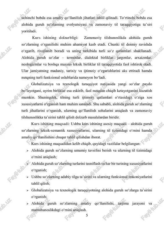 ida adabiy til va uning tarkibiy qismlarida uchraydigan terminlar, dialektal birliklar, jargon va argotizmlar, arxaizm va neologizmlar, sinonim va antonimlar hamda boshqa maxsus leksik birliklar oʻrganiladi. kurs ishining predmeti: kurs ishining predmeti – alohida guruh soʻzlarning leksik-semantik, morfologik va stilistik jihatlari hamda ularning til tizimidagi funksional xususiyatlaridir. tadqiqot davomida ushbu soʻzlarning paydo boʻlishi, rivojlanishi, qoʻllanilish doirasi va zamonaviy til taraqqiyotiga ta’siri tahlil qilinadi. shuningdek, ularning adabiy til va nutq uslublaridagi oʻrni ham oʻrganiladi. kurs ishining vazifalari: ushbu kurs ishining maqsadidan kelib chiqib, quyidagi vazifalar belgilangan:  alohida guruh soʻzlarning umumiy tavsifini berish va ularning til tizimidagi oʻrnini aniqlash;  alohida guruh soʻzlarning tasnifini ishlab chiqish va ularning asosiy turlarini koʻrib chiqish;  ushbu soʻzlarning fonetik, morfologik va sintaktik jihatlarini tahlil qilish;  terminlar, dialektal birliklar, jargon va argotizmlar, arxaizm va neologizmlar kabi maxsus soʻz qatlamlarining oʻziga xos xususiyatlarini oʻrganish;  alohida guruh soʻzlarning adabiy tilga ta’sirini va ularning funksional imkoniyatlarini …