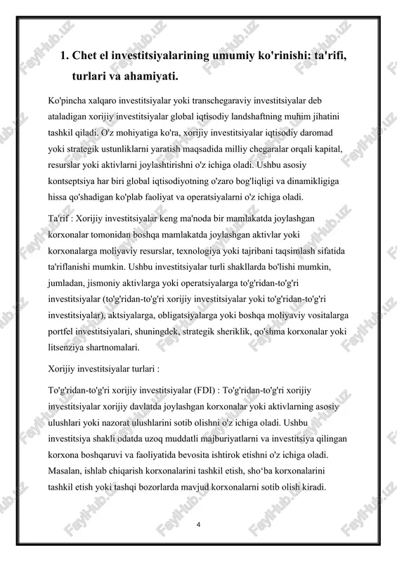 to'sqinlik qilishi va xalqaro nizolarni kuchaytirishi mumkin. xulosa qilib aytganda, xorijiy investitsiyalar ko‘p qirrali hodisani o‘zida mujassam etgan bo‘lib, iqtisodiy rivojlanish, jahon savdosi va geosiyosiy munosabatlarga keng ko‘lamli ta’sir ko‘rsatadi. uning ta'riflari, turlari va ahamiyatini tushunib, manfaatdor tomonlar xalqaro investitsiya oqimlarining murakkabligini yo'lga qo'yishlari, uning potentsial afzalliklaridan foydalanishlari va o'zaro bog'langan dunyoda inklyuziv va barqaror o'sishni ta'minlash uchun tegishli muammolarni hal qilishlari mumkin. 2. jahon iqtisodiyotidagi ahamiyati: rivojlanish, savdo va geosiyosatga ta'siri. xorijiy investitsiyalar global iqtisodiy landshaftda markaziy o'rinni egallab, faoliyatning turli sohalarida keng ko'lamli ta'sir ko'rsatadi. uning ahamiyati faqat moliyaviy operatsiyalardan tashqarida, rivojlanish traektoriyasini, savdo dinamikasini va geosiyosiy munosabatlarni chuqur shaklda shakllantiradi. chet el investitsiyalarining ahamiyatini tushunish uning iqtisodiy taraqqiyotning harakatlantiruvchisi, xalqaro savdoning katalizatori va geosiyosiy kuch dinamikasining hal qiluvchi omili sifatidagi muhim rolini yoritadi. rivojlanish uchun oqibatlari: xorijiy investitsiyalar, ayniqsa, rivojlanayotgan va rivojlanayotgan mamlakatlarda iqtisodiy rivojlanish uchun kuchli katalizator bo'lib xizmat qiladi. kapital, texnologiya va boshqaruv tajribasini kiritish …