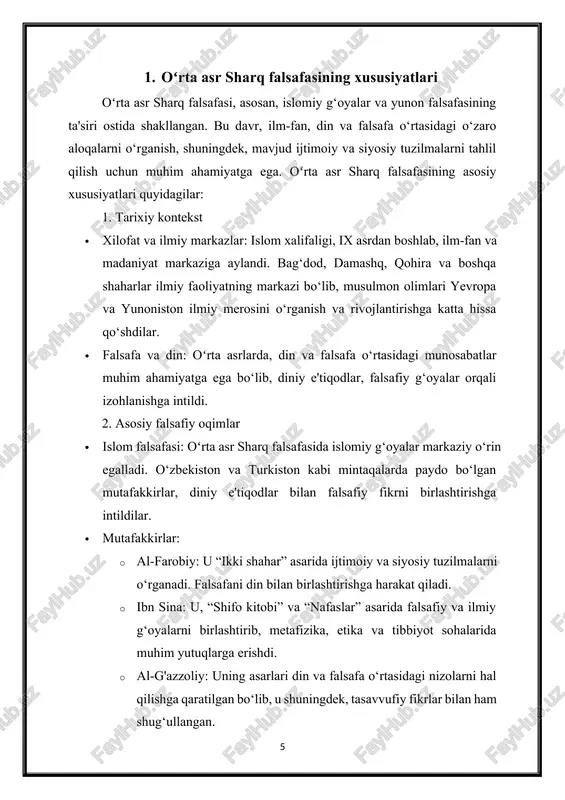 an, mantiq, tabiiy fanlar, matematika, metafizika va etika bilan bog‘liq masalalarni qamrab oladi. ibn sina ilm-fan va falsafani birlashtirishga harakat qiladi. · “nafaslar” (kitab al-nafs): ushbu asar ruhshunoslik va psixologiya sohasidagi ilk asarlardan biridir. ibn sina ruhning tabiati va uning inson hayotidagi o‘rni haqida fikrlarini bayon etadi. 3. al-g'azzoliy · “ihyo ulum ad-din”: ushbu asar, diniy hayot va falsafa o‘rtasidagi aloqalarni o‘rganadi. al-g'azzoliy, din va ilm-fan o‘rtasidagi nizolarni hal qilishga harakat qiladi. asar, axloqiy va etika masalalariga ham e'tibor qaratadi. · “tahafut al-falasifa” (falsafachilarning mantiqiy masalalari): bu asarda al-g'azzoliy, falsafiy fikrlar va diniy aqidalar o‘rtasidagi ziddiyatlarni tahlil qiladi. u islomiy aqidalarga muvofiq bo‘lmagan falsafiy g‘oyalarni tanqid qiladi. 4. ibn rushd (averroes) · “tafsir al-shifa”: ibn rushd, ibn sinaning “shifo kitobi”ni izohlaydi va o‘zining falsafiy g‘oyalarini rivojlantiradi. u, ilm-fan va din o‘rtasidagi aloqani qayta tiklashga harakat qiladi. · “boshqaruv haqida” (kitab al-aqdam): ushbu asarda ibn rushd, siyosat va boshqaruv haqida o‘z …