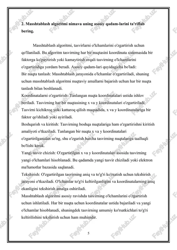 langan miqdorda x va y koordinatalarini qo'shish yoki ayirish orqali boshqa joyga ko'chirish imkoniyatini beradi. quyidagi asosiy qadamlar orqali aylanib chiqish algoritmini tushuntiramiz: boshlang'ich nuqta tanlash: aylanib chiqish jarayoni uchun tasvirning boshlang'ich nuqtasi belgilanadi. bu nuqta x va y koordinatalari bilan ta'minlanadi va aylanib chiqish amalining boshlang'ich nuqtasi sifatida ishlatiladi. koordinatalarni o'zgartirish: boshlang'ich nuqta va belgilangan miqdorlardagi x va y koordinatalar orqali tasvirning koordinatalari o'zgartiriladi. belgilangan miqdorlar ko'paytiriladi yoki kamaytiriladi, bu esa tasvirni yangi joyga olib o'tkazishni natijasini beradi. boshqa nuqtalarga taalluq qo'ladi: boshlang'ich nuqta o'zgartirilganidan so'ng, boshqa tasvirning nuqtalari ham yangi koordinatalarga o'tkaziladi. barcha tasvirning nuqtalari ko'chish amalining to'g'ri o'tkazilishi uchun yangi koordinatalarda joylashadi. yangi tasvir chizish: ko'chish jarayoni bajarilgandan keyin yangi tasvir chiziladi. bu jarayon tasvirning yangi joylashuvi yoki ko'chishining to'g'ri o'zgarganligini ko'rsatadi. tekshirish: tasvirning aylanib chiqilish jarayonida to'g'ri ko'rsatilishi uchun tekshirish jarayonidan o'tkaziladi. barcha nuqtalar to'g'ri o'zgarganligini va yangi tasvirning maqsadga muvofiqligini tekshirish uchun muvofiqliyat tekshiriladi. aylanib …