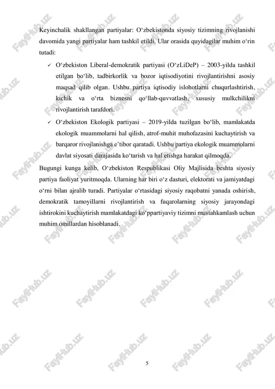 liyat doirasini belgilaydi. 7 shunday qilib, konstitutsiya oʻzbekistonda koʻppartiyaviy tizimning huquqiy asoslarini yaratib, turli siyosiy partiyalarning mavjud boʻlishi va faoliyat yuritishi uchun kafolat beradi. a) “siyosiy partiyalar toʻgʻrisida”gi qonun (1996-yil, yangi tahriri – 2017-yil) bu qonun siyosiy partiyalar faoliyatining asosiy huquqiy asoslarini belgilaydi. qonunga koʻra:  siyosiy partiyalar kamida 20 ming nafar fuqaro a’zoligida tashkil etilishi mumkin.  partiya oʻzbekiston adliya vazirligida roʻyxatdan oʻtkazilishi lozim.  partiya saylovlarda ishtirok etish, davlat hokimiyat organlariga nomzodlar koʻrsatish huquqiga ega.  partiyalar oʻzbekistonning suvereniteti, hududiy yaxlitligi va konstitutsiyaviy tuzumiga zid faoliyat bilan shugʻullanishi mumkin emas. b) “oʻzbekiston respublikasi markaziy saylov komissiyasi toʻgʻrisida”gi qonun ushbu qonun siyosiy partiyalarni saylov jarayonida qatnashish qoidalarini belgilaydi. saylovlar ochiq va shaffof oʻtishi, partiyalar oʻrtasida teng imkoniyatlar yaratilishi qonun bilan himoya qilinadi. ushbu qonun partiyalarni moliyalashtirish tartibini belgilaydi:  partiyalar davlat budjetidan moliyaviy yordam olishi mumkin.  partiyalar o‘z daromadlari va xarajatlari bo‘yicha hisobot berishlari shart. oʻzbekistonda koʻppartiyaviy tizim …