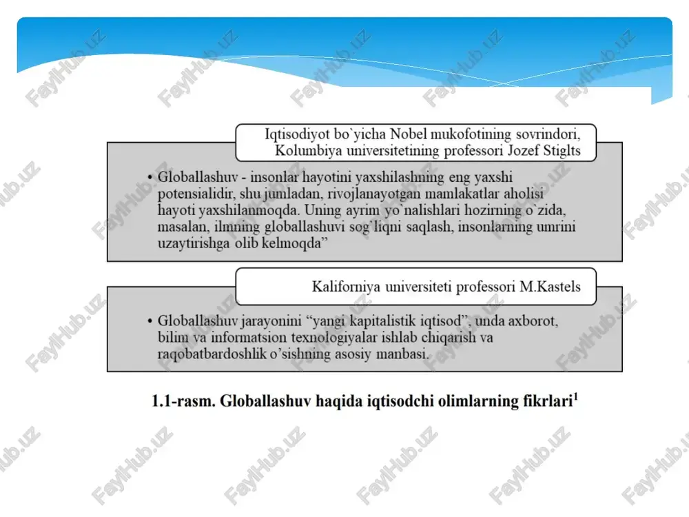va tushishlar butunjahon miqyosini qamrab oladi v.p. kolesova tahriri ostida “jahon xo’jaligini globallashtirish va rossiyaning o’rni” nomli monografiyasida – internatsionallashtirishning butunjahon miqyosi – globallashtirishning mohiyatini anglatadi, deb tasdiqlangan (2002 g., str.7). xalqaro valyuta fondi (xvf) taftishchilari jahon xo’jaligining globallashtirishini “ tovarlar, xizmatlar va jahon kapital oqimi bo’yicha xalqaro bitimlarning turi, xajmi ortishi, shuningdek, texnologiyalarning nisbatan jadal va keng diffuziyasi natijasida jahonning barcha mamlakatlari ortib boruvchi iqtisodiy o’zaro bog’liqligi” sifatida ta'riflaydilar2. xvfning so’nggi ma'ruzalaridan birida mazkur nuqtai nazar mantiqan davom ettiriladi: “globallashtirish nima?”. ushbu tushunchaning iqtisodiy mazmuni-jahonda milliy iqtisodning, xususan tashqi savdo va moliyaviy oqimlar yordamida yaqinlashishini kuchaytirishni anglatadi. ba'zan hatto ishchi kuchi, bilim va texnologiyalarning milliy chegaralaridan oqimlarning misli ko’rilmagan darajada ortib ketishi ham nazarda tutiladi. globallashtirishda hech qanday sir yo’q. u faqatgina asrlar davomida iqtisodiyotning barcha darajalarida – qishloq bozori, shahar sanoati, savdo, poytaxt fond birjalarida amal qilib kelgan aynan shu bozor kuchlari harakatini milliy chegaralari orqali o’tkazadi3. proffesor …