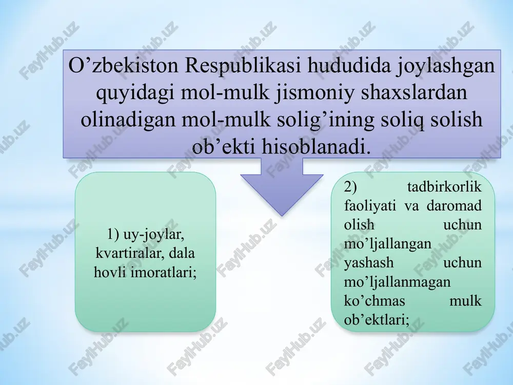 asdiqlangan tegishli yozuvli pensiya guvohnomasi asosida beriladi. 4) energiya resurslarining amaldagi tarmoqlaridan to’liq uzib qo’yilgan turar joylarda qayta tiklanadigan energiya manbalaridan foydalanuvchi shaxslar qayta tiklanadigan energiya manbalari o’rnatilgan oydan e’tiboran uch yil muddatga. mazkur imtiyoz energiya resurslarining amaldagi tarmoqlaridan to’liq uzib qo’yilgan holda qayta tiklanadigan energiya manbalaridan foydalanish to’g’risida energiya ta’minoti tashkilotlari tomonidan berilgan ma’lumotnoma asosida taqdim etiladi. quyidagi jismoniy shaxslarning mulkida bo’lgan mol-mulk oltmish kvadrat metr doirasida soliq solishdan ozod qilinadi: 1) o’n nafar va undan ortiq bolalari bor ota-onalaridan birining. mazkur imtiyoz fuqarolarning o’zini o’zi boshqarish organining bolalar borligini tasdiqlovchi ma’lumotnomasi asosida beriladi; 2) pensionerlarning. mazkur imtiyoz pensiya guvohnomasi asosida beriladi; 3) i va ii guruh nogironligi bo’lgan shaxslarning. mazkur imtiyoz pensiya guvohnomasi yoki tibbiy-mehnat ekspert komissiyasining ma’lumotnomasi asosida beriladi; soliq imtiyozlariga ega bo’lgan shaxslar soliq imtiyozini olishga bo’lgan huquqini tasdiqlovchi hujjatlarni soliq solish ob’ekti joylashgan erdagi soliq organlariga mustaqil ravishda taqdim etadi. soliq imtiyozlari mulkdorning tanloviga ko’ra …