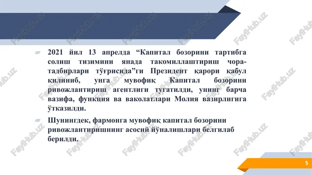 ar 2 guruhga bo’linadi: oddiy aksiyalar - kompaniyaning ustaviga muvofiq aktsiyadorlarning umumiy yig'ilishida o'z vakolatlariga kiradigan barcha masalalar bo'yicha ovoz berish huquqiga ega bo'lish huquqida ishtirok etishlari, shuningdek dividendlar olish huquqiga ega bo'lishlari mumkin, shuningdek kompaniya tugatilgan taqdirda o'z mulklarining bir qismini olish huquqiga ega. imtiyozli aksiyalar. bunga aksiya egasi dividendni olingan foydaga qarab emas, balki oldindan belgilangan qatʼiy foizlarda oladi. lekin bunday aksiya egasi aksiyadorlarning umumiy yigʻilishida ovoz berish xuquqiga ega boʻlmaydi. bunday aksiyalar, qoidaga koʻra, aksiyadorlik jamiyati nizom jamgʻarmasining 10% idan ortiq chiqarilishi mumkin emas. 20 21 21 22 23 24 25 26 qimmatli qog’ozlarni chiqarishdan asosiy maqsad aksiya (oddiy va imtiyozli) chiqarish va joylashtirish yo’li bilan aksiyadorlik kompaniyasini tuzish. obligatsiya chiqarish va joylashtirish yo’li bilan moliyalashtirishni kengaytirish. qo’shimcha investitsiyalar jalb qilishda kompaniyada hukmronlikni saqlab qolish uchun imtiyozli aksiyalar va obligatsiyalar shular jumlasidandir. 27 emissiya tushunchasi emissiya (lot. — chiqarmoq, ishlab chiqarmoq) — muomalaga bank biletlari, barcha shakllardagi …