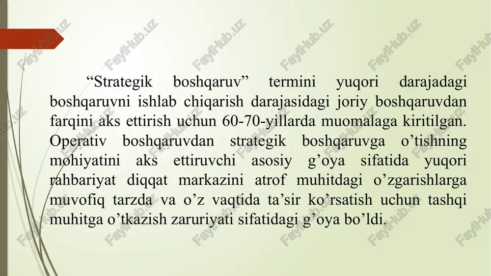 olchilarga orzularidagi uylariga ega bo’lish imkoniyatini beramiz nasa biz tashqi dunyoni tadqiq qilamiz biz yangi balandliklarga yetamiz va noma’lum jismlarni kashf qilib, ularning insoniyatga foydasi bor yoki yo’qligini o’rganamiz revlon biz kosmetika ishlab chiqaramiz biz hayot tarsi va o’ziga ishonch, omad va martaba, xotiralar, umidlar va orzular sotamiz ritz-carlton mehmonxonalar va dam olish joylari biz xonalarni ijaraga beramiz biz ritz-carlton tajribasi – mehmonlarning yuqori kutganlaridan ham ziyod esda qolarli tunash imkoniyatlarini yaratamiz walmart biz chegirma do’konlarini yuritamiz biz har kuni past narxlarda yetkazamiz va oddiy xalqqa boy qatlamdek bir xil narsani sotib olish olish imkoniyatini beramiz. “pulni teja, yaxshiroq yasha”. strategik reja - bu korxona (firma) ga uzoq davrga berilgan topshiriqdir. bunday reja firma doirasidagi boshqa joriy, yillik rejalashtirish uchun boshlang‘ich nuqta bo‘lib xizmat qiladi. strategik rejaning asosiy shakllari besh, o‘n yil va undan ko‘proq muddatlarga mo‘ljallangan rejalardir. strategik rejaning o‘ta muhim va zarurligi quyidagilar bilan izohlanadi: korxonaning aniq maqsadini …
