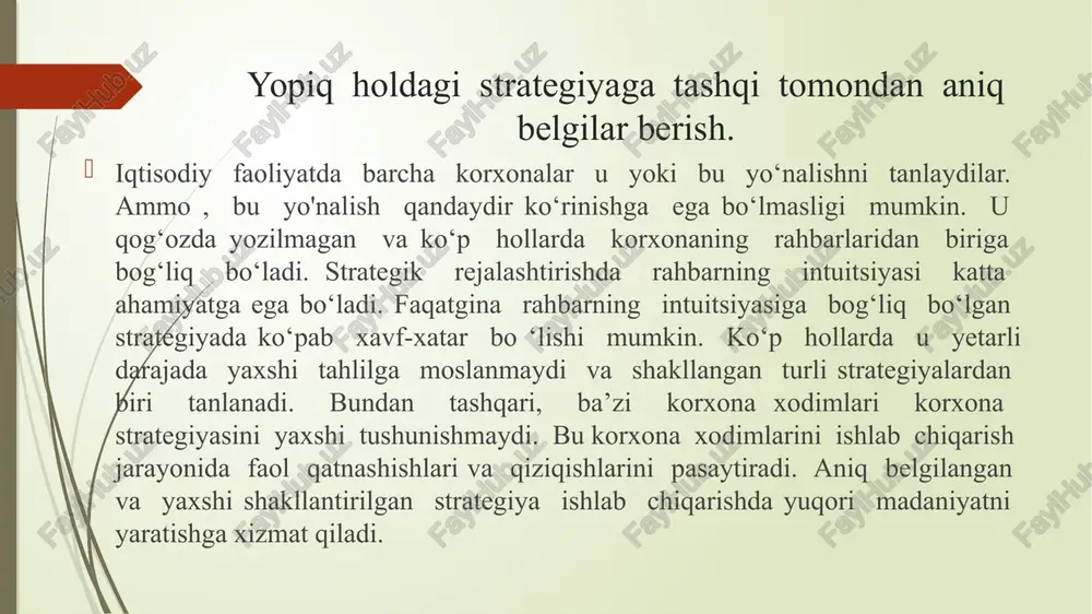 mikyos; quyi pog’ona menejerlari (dala komandirlari). bo’linmalar miqyosi funksional miqyos firma strategiyasini ishlab chikishiing asosiy pogonalari pog’ona ishlab chiqishga (qaror qabul qilishga mas’ullar) ishlanmaning mazmuni korporativ strategiya ijrochi direktor, asosiy vitse-direktorlar (qarorlar direktorlar kengashi tomonidan qabul qilinadi, qayta ko’rib chiqiladi) xo’jalikning o’rta bo’g’ini portfelini tashkil qilish va boshqarish. xo’jalikning o’rta bo’g’ini sinergizmini raqobatli ustunlik sifatida ta’minlash. investitsiya imtiyozlarini aniqlash va eng manfaatli tarmoq|larda resurslarni boshqarish. xo’jalikning o’rta bo’g’ini rahbarlarining asosiy strategik yondashuvlarini qayta ko’rib chiqishni tekshirish umumiylashtirish xo’jalikning o’rta bo’g’ini strategiyasi bosh menejer xo’jalikning o’rta bo’g’ini boshliq tomoni-dan (qarorlar firma rahbariyati tomonidan qabul qilinadi, qayta ko’rib chiqiladi). muvaffaqiyatli raqobatchilikka hamda unda ustunlikka erishishga qaratilgan harakatlar hamda yondashuvlarni belgilab olish. tashqi shartlarning o’zgarishiga javob rodaktsiyalarini shakllantirish. asosiy funktsional xizmatlarning strategik tashabbuslarini umumlashtirish. o’ziga xos muammolarni hal qilish. funktsional strategiya funktsional menejerlar (qarb, stratetda xo’-jalikning o’rta bo’g’in rahbariyati tomonidan qabul qilinadi qayta ko’rib chiqiladi). biznes strategiyasini qo’llab-quvvatlashning funktsional yondashuvlarini tashkil qilish va …