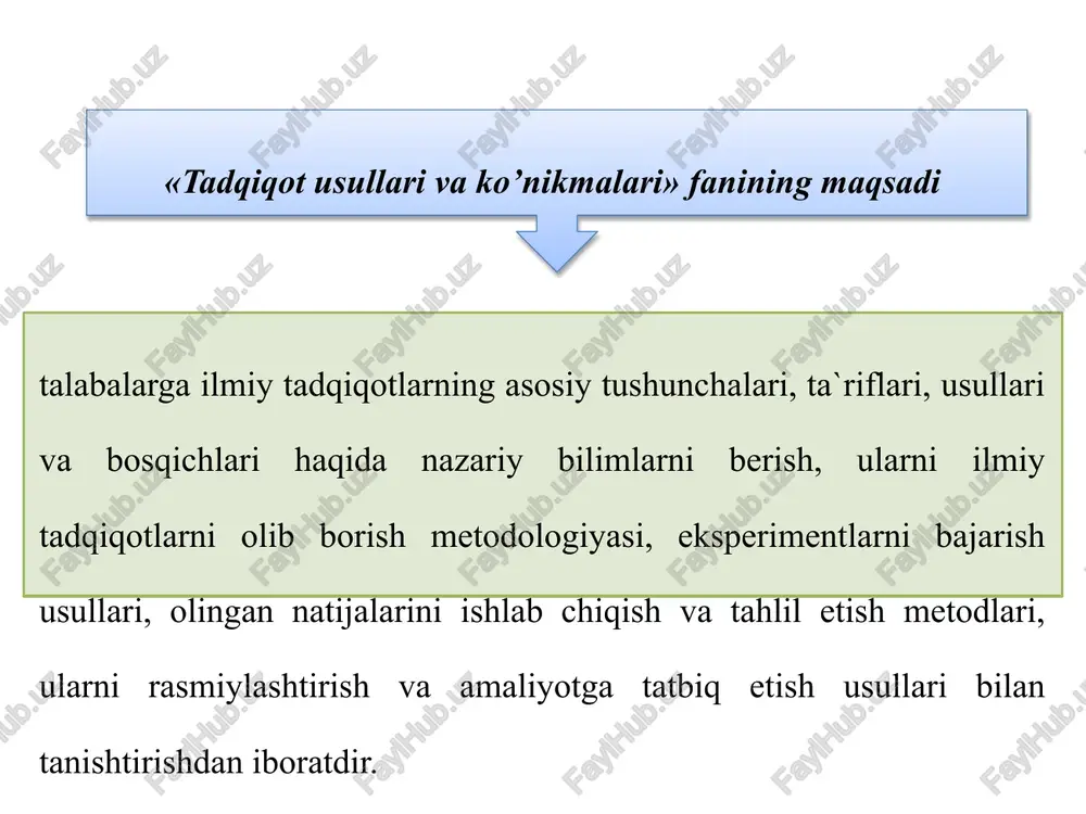 tliligi). ilmiy bilimlar tizimi quyidagicha klassifikatsiyalanadi: a) bilim tarmoqlari bo‘yicha: tabiiy fanlar, texnik fanlar, jamiyat fanlari; b) ilmiy fanlar bo‘yicha: matematika, fizika, kimyo, astronomiya, energetika va h.k.; d) ilmiy faoliyat natijasi: nashr etish (kitob, maqola) mualliflik guvoh- nomasi, patent, konstruktorlik ishlama va h.k. ilmiy bilimlar tizimi ilmiy faoliyat ilmiy faoliyat natijasi quyidagi asosiy belgilari bilan ifodalanuvchi yangi ilmiy bilimlarni olishga, o‘zlashtirishga qayta ishlashga va sistemaga tushi- rishga yo‘naltirilgan ijodiy faoliyat (ilmiy ish yoki ilmiy mehnat): – yangiligi va haqiqiyligi, ehtimollik xarakteri va tavakkalligi (risk), ilmiy natijalarni ishonchliligi va isbotlanishliligi. ilmiy faoliyat quyidagicha klassifikatsiyalanadi: a) maqsadi bo‘yicha: nazariyani rivojlantirish, yangi texnika va texno- logiya yaratish, mavjud texnika va texnologiyalarni takomillashtirish; b) ilmiy ish turlari bo‘yicha: fundamental, amaliy tadqiqotlar, ilmiy izla- nishlar; d) ilmiy tadqiqot ishi ko‘lami bo‘yicha: fandagi biror yo‘nalish, ilmiy muammo, ilmiy mavzu; e) tadqiqot uslubi bo‘yicha: nazorat, eksperimental va aralash tadqiqotlar; ilmiy muassasa ilmiy xodimlar, ilmiy faoliyat yuritish vositalari …
