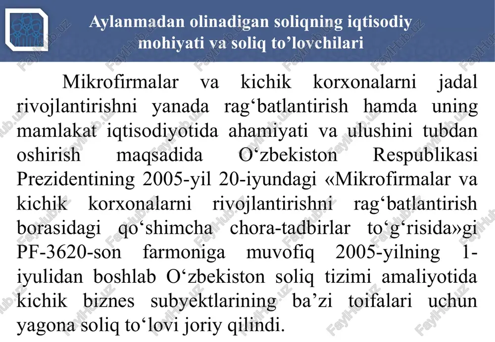 ti joriy soliq davri yakunlari bo‘yicha tovarlarni (xizmatlarni) realizatsiya qilishdan olgan jami daromadlari bir milliard so‘mdan oshmagan bo‘lsa, aylanmadan olinadigan soliqni to‘lashga kamida o‘n ikki oydan keyin qayta o‘tishga haqli. soliq davri davomida jami daromadi bir milliard so‘mdan oshgan soliq to‘lovchilar, shu jumladan yangi tashkil etilgan yuridik shaxslar va yangi ro‘yxatdan o‘tgan yakka tartibdagi tadbirkorlar jami daromadi ko‘rsatilgan miqdorga yetgan kundan e’tiboran qo‘shilgan qiymat solig‘ini va foyda solig‘ini to‘lashga o‘tadi. yangi tashkil etilgan yuridik shaxsda yoki yangi ro‘yxatdan o‘tgan yakka tartibdagi tadbirkorda tovarlarni (xizmatlarni) realizatsiya qilishdan olingan daromad summasi ro‘yxatdan o‘tilgan sanadan to kalendar yil tugaguniga qadar, 365 ga bo‘lingan va ro‘yxatdan o‘tilgan sanadan to kalendar yil tugaguniga qadar bo‘lgan kunlar soniga ko‘paytirilganda bir milliard so‘mga teng summadan oshsa, u holda bunday shaxslar ro‘yxatdan o‘tilgan yildan keyingi yildan e’tiboran qo‘shilgan qiymat solig‘i va foyda solig‘ini to‘lashga o‘tadi. 13 vositachilik, topshiriq shartnomasi va vositachilik xizmatlari ko’rsatishga oid boshqa shartnomalar bo’yicha vositachilik …