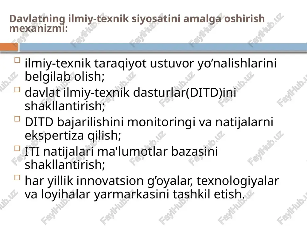 borot va kommunikasion texnologiyalarga qaratilgan boshqa tarmoqlar kiradi. . innovatsiya diffuziyasi y.shumpeterning innovatsiyalar nazariyasiga asosan, innovatsiya diffuziyasi bu - yuqori daromad olish maqsadida innovatsiyani novatordan keyin joriy etuvchilar sonining oshishi jarayoni hisoblanadi . innovatsiya infratuzilmasi innovatsiyalarning tez tarqalishi uchun rivojlangan infratuzilma mavjud bo’lishi kerak. innovatsiyaviy jarayon siklik xarakterga ega bo’lib, texnikaning turli sohalaridagi yangiliklarning xronologik tartibda paydo bo’lishi buni namoyon qiladi va ularni qo’llab-quvvatlash tashkilotlari birgalikda uning infratuzilmasini shakllantiradi. korxonalarda davlat tomonidan innovatsiyalarni moliyalashtirishning tartibga solishning asosiy yo’nalishlari: texnik innovatsiyalarni tez va samarali joriy etish zarur bo’lgan sharoitlarni yaratish; ilmiy-texnik salohiyatni saqlash va rivojlantirish; ilm va texnikaning kadr salohiyatini saqlab qolish uchun zaruriy moddiy sharoitlarni yaratish, kadrlarni chetga chiqib ketishini oldini olish; innovatsiyalar soni va samaradorligini oshirish, buning hisobiga insonlar turmush tarzini yaxshilash. hozirgi kunda mamlakatimiz korxonalarda innovatsiyaviy faoliyatga investisiyalash uchun foydalaniladigan asosiy moliyalashtirish manbalari quyidagilar: 1. shaxsiy mablag’lar hisobiga tashkil topgan moliyaviy resurslar: daromadlar (tovar va ilmiy-texnik mahsulotni sotishdan, …