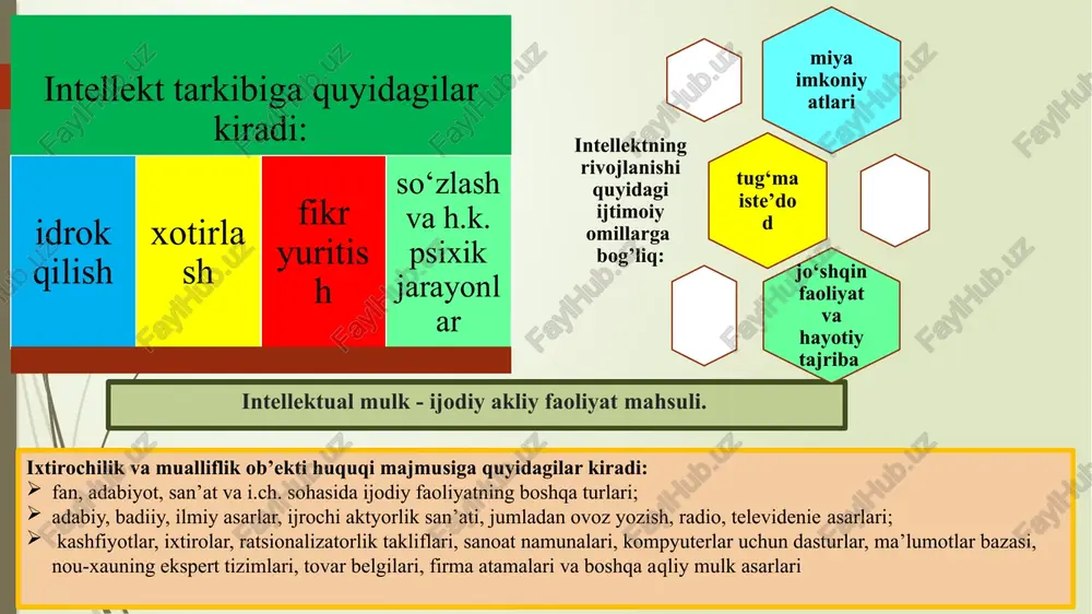 inalari uchun dasturlar va ma’lumot bazalari; sanoat namunalari; fonogramma va eshittirishlari; seleksiya yutuqlari; foydali modellar, oshkor etilmagan axborot, eshittirish tashkilotlarining ijrolari, fan, adabiyot, san’at asarlari; ishlab chiqarish sirlari (nou-xau) fuqarolik muomalasi ishtirokchilarining, tovarlar, ishlar va xizmatlarning xususiy alomatlarini aks ettiruvchi vositalar: tovar (xizmat) belgilari; firma nomlari; tovar chiqarilgan joy nomi; fkda nazarda tutilgan hollarda intellektual faoliyatning boshqa natijalari hamda fuqarolik muomalasi ishtirokchilarining, tovarlar va xizmatlarning xususiy alomatlarini aks ettiruvchi boshqa vositalar (fk 1031-modda). sanoat mulki ob’ektlari orasida ixtirolar markaziy o‘ringa ega. ixtironing ahamiyati bir qator jihatlar bilan izohlanadi: 1) ixtirolar soni sanoat mulkining boshqa ob’ektlari sonidan ancha ortadi; 2) ixtiro ko‘pincha texnikaning raqobatbardoshligini belgilaydi; 4) faqat ixtirolarga bo‘lgan patentlar yordamidagina yangi texnologik jarayonlarni himoya qilish mumkin. ixtiro ob’ektlariga moslamalar (mashinalar, uskunalar va h.k.), usullar (metodlar, jarayonlar va h.k.), moddalar (materiallar, qotishmalar), retseptlar kiradi. ixtironing muhim jihati shundaki, u yangi g‘oya bilan cheklanib qolmasligi lozim, garchi g‘oyat qiziqarli bo‘lsa ham. patent …