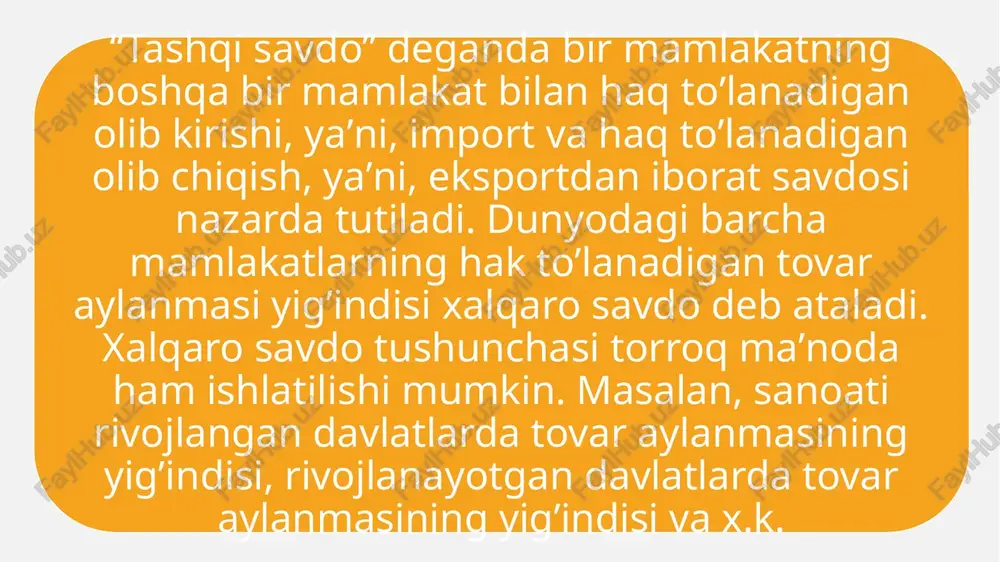 o'sib bormoqda xalqaro savdoning tovar tarkibi o'zgarmoqda. shunday qilib, o'tgan asrlarda gullab-yashnagan ziravorlar savdosi xom ashyo almashinuvi (barcha savdoning taxminan 60%) va sanoat mahsulotlari almashinuviga o'tish bilan almashtiriladi. xalqaro savdo o'sishining asosiy omillariga quyidagilar kiradi: ishlab chiqarishda texnologiya va texnologiyaning keyingi evolyutsiyasi; transport sohasidagi innovatsiyalar; evropa davlatlarining turli xil rivojlanish sur'atlari; foydali qazilmalar zahiralaridagi farqlar; investitsiya faolligini oshirish; sotish bozorlarini kengaytirish; mahalliy qonunchilikning qulay shartlaridan foydalanish; aholining ta'lim darajasi. iii bosqich uchinchi bosqich quyidagi asosiy hodisalar bilan tavsiflanadi : 1. yevropa mamlakatlari iqtisodiyotini vayron qilgan birinchi jahon urushi. 2. 1929-1933 yillardagi yirik iqtisodiy inqiroz ichki savdoning samaradorligi masalasini ancha keskin qo'ydi. 3. jahon iqtisodiy tizimini vayron qilgan va rivojlanayotgan mamlakatlarning iqtisodiy o'sishning harakatlantiruvchi kuchi sifatida savdoga bo'lgan ishonchini keskin larzaga keltirgan ikkinchi jahon urushi. 4. jahon bozorlarini yanada qayta taqsimlash. 5. 1944-yilda yangi, samaraliroq bretton-vuds pul tizimiga o‘tish. 6. ikki jahon iqtisodiy tizimining shakllanishi. iii bosqich asosiy eksport tovarlari xom …
