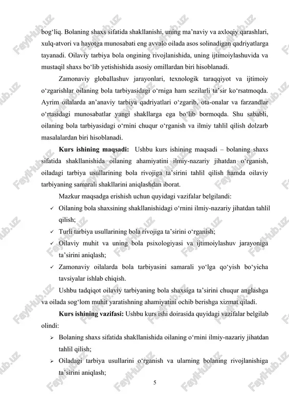 , n. to‘raqulov, sh. saydaliev va boshqa pedagoglar bola tarbiyasida oilaning o‘rni, o‘zbek oilaviy tarbiyasining an’anaviy va zamonaviy jihatlari bo‘yicha ilmiy tadqiqotlar olib borganlar. hozirgi kunda bolalar tarbiyasiga ta’sir etuvchi oilaviy omillar, tarbiyaning zamonaviy metodlari, oilaviy muhitning bolaning ruhiy holati va xulq-atvoriga ta’siri bo‘yicha turli ilmiy maqolalar, tadqiqotlar olib borilmoqda. mazkur kurs ishi mavjud ilmiy manbalar asosida tahlil qilinib, mavzu bo‘yicha yangi yondashuvlarni shakllantirishga xizmat qiladi.[footnoteref:3] [3: o‘zbekiston respublikasi prezidentining pf-4947-son farmoni. 2017-yil 7-fevral. – b. 10-15. ] kurs ishining tuzilishi. kirish, asosiy qism , ikki bob, to‘rt bo’lim, xulosa, foydalanilgan adabiyotlardan iborat. i bob. oila va shaxs rivojlanishining o‘zaro bog‘liqligi 1.1. bola shaxsining shakllanishiga ta’sir etuvchi oilaviy omillar bola shaxsining shakllanishi uzluksiz va murakkab jarayon bo‘lib, bunda eng asosiy omil sifatida oila muhim rol o‘ynaydi. bola hayotining ilk yillarida aynan oilada tarbiya olib, axloqiy va ijtimoiy qoidalarga moslashadi. oila muhitining sifati, ota-onaning tarbiya uslubi va oiladagi psixologik muhit bolaning …