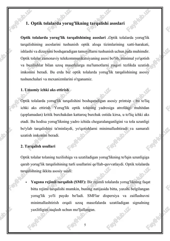 ini tushunish uchun asos bo'lib xizmat qiladi. ushbu tamoyillarni o'zlashtirib, biz optik aloqa tarmoqlarini loyihalash, amalga oshirish va ishlatishni optimallashtirishimiz, zamonaviy telekommunikatsiya va tarmoq ilovalari uchun zarur bo'lgan yuqori tezlikda, ishonchli va samarali ma'lumotlarni uzatish uchun yo'l ochishimiz mumkin. 2. tolali aloqada optik komponentlar va tizimlarning umumiy ko'rinishi tolali aloqada optik komponentlar va tizimlarga umumiy nuqtai optik tolali aloqa zamonaviy telekommunikatsiyaning asosi sifatida paydo bo'lib, ma'lumotlarni uzoq masofalarga uzatishning mustahkam, yuqori tezlikda va samarali vositalarini ta'minlaydi. turli optik komponentlar va tizimlar tolali aloqa tarmoqlarida optik signallarni uzluksiz uzatish, marshrutlash va qabul qilishni ta'minlash uchun sinergik ishlaydi. bu erda biz tolali aloqa infratuzilmasini tashkil etuvchi asosiy optik komponentlar va tizimlar haqida umumiy ma'lumot beramiz. 1. optik transmitterlar optik transmitterlar elektr signallarini optik tolalar orqali uzatish uchun mos keladigan optik signallarga aylantirish uchun mas'ul qurilmalardir. optik transmitterlarning asosiy komponentlariga quyidagilar kiradi: · yorug'lik manbalari: yorug'lik chiqaradigan diodlar (led) va lazerli diodlar (ld) …